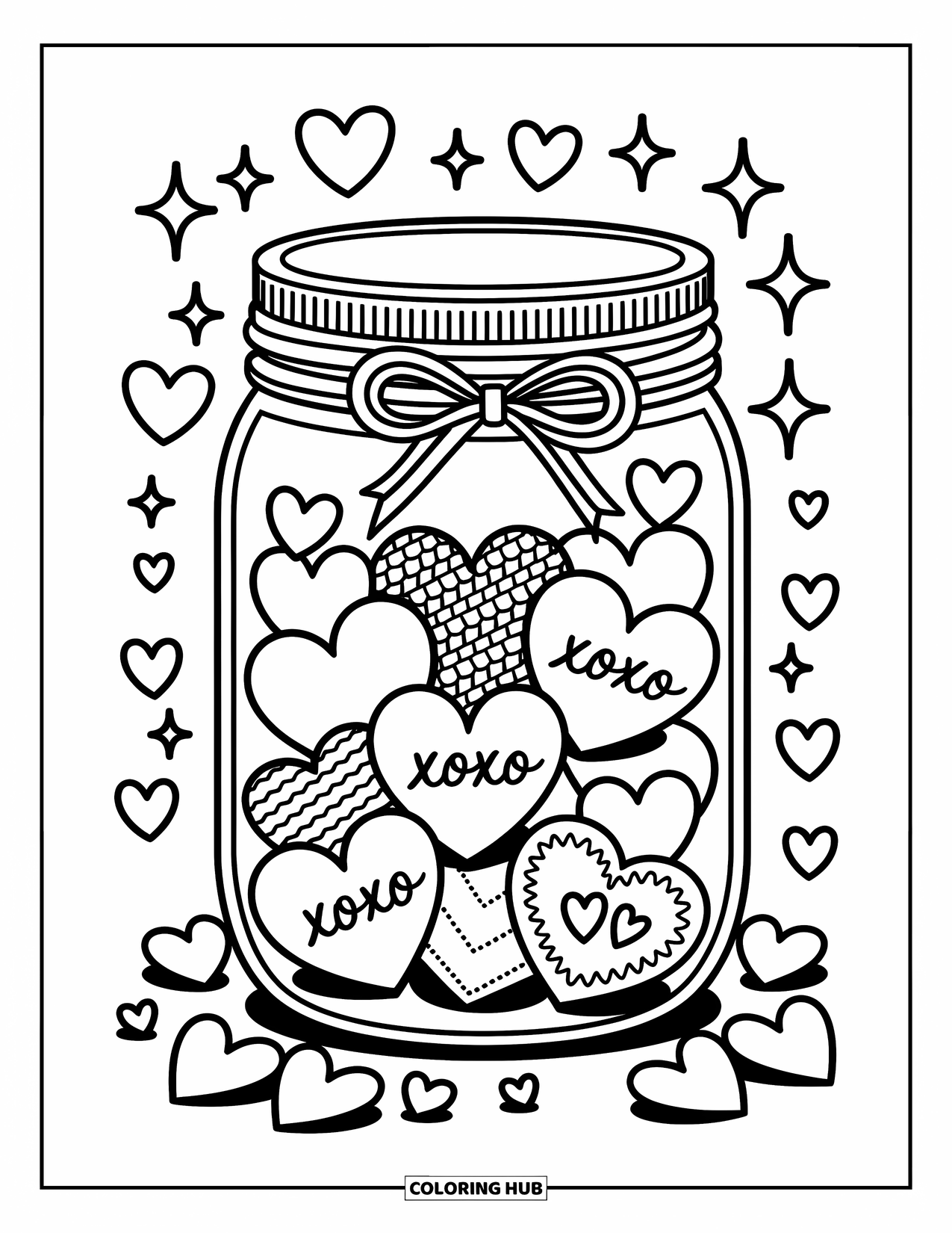 Valentine Heart Coloring Page for Adults: A mason jar full of hearts tied with ribbon and floating bubbles