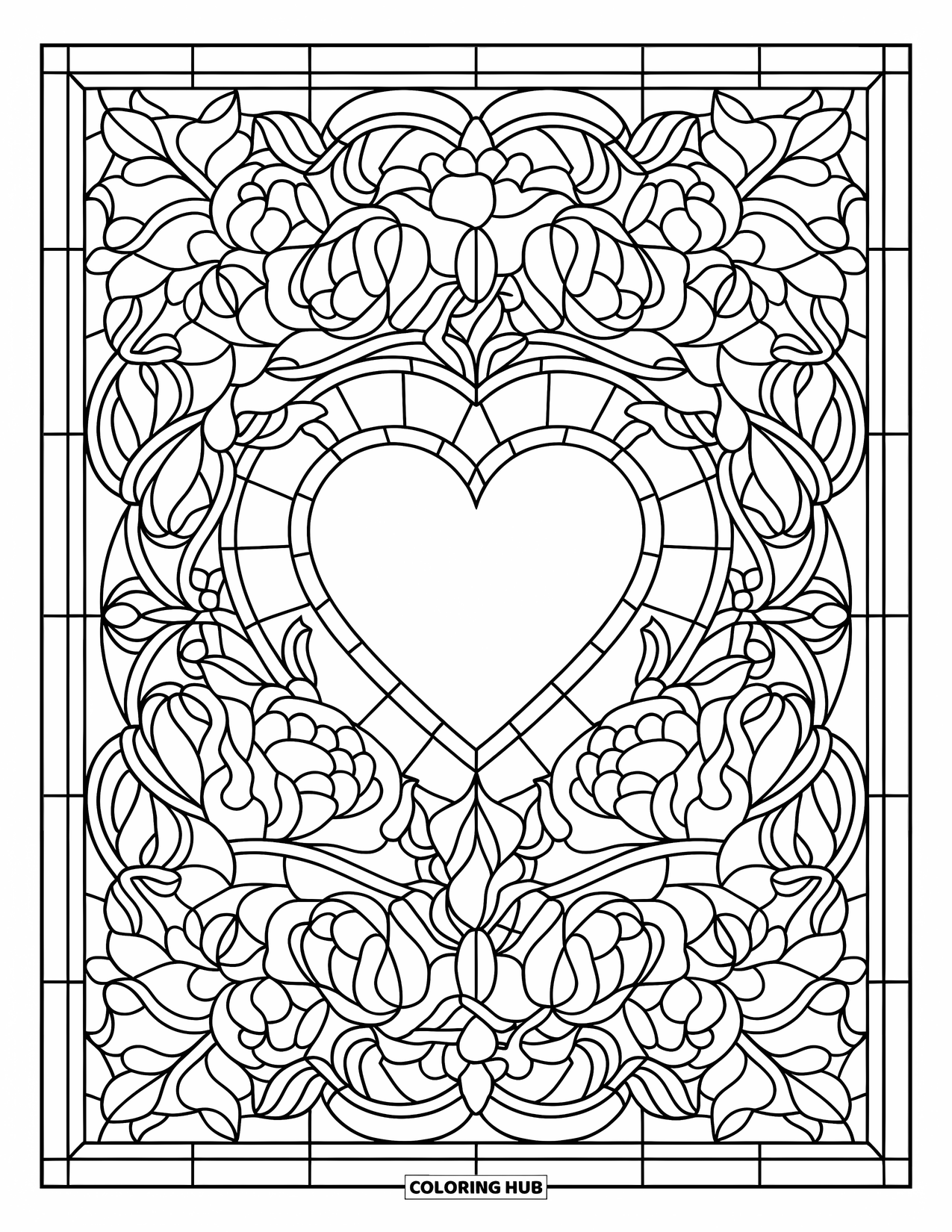 Valentine Heart Coloring Page for Adults: A stained glass heart is surrounded by roses, vines, and leaves