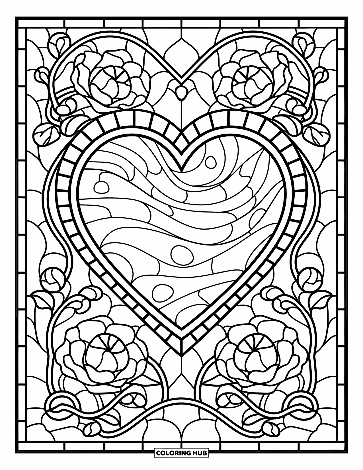 Valentine Heart Coloring Page for Adults: A swirling heart is wrapped in stained glass roses and vines