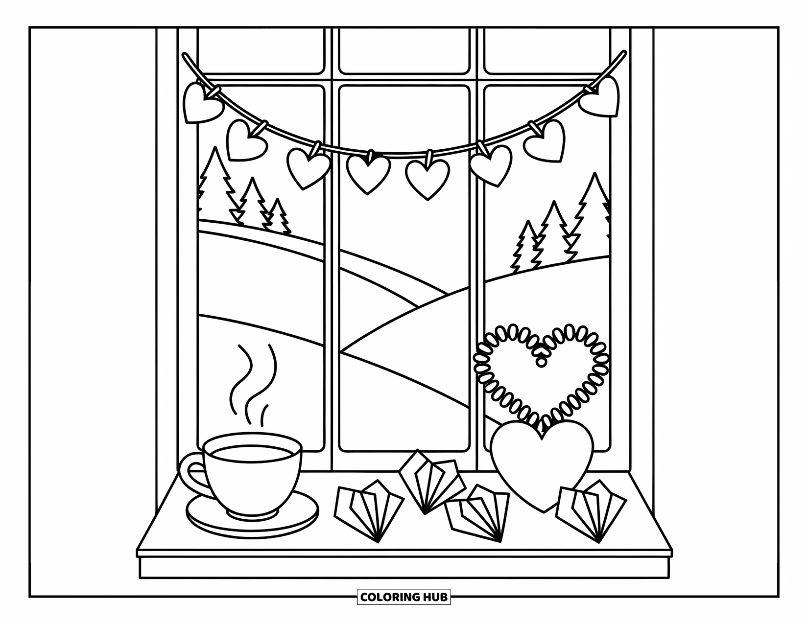 Valentine Heart Coloring Page for Adults: A warm windowsill with a teacup, heart garland, and scattered paper hearts