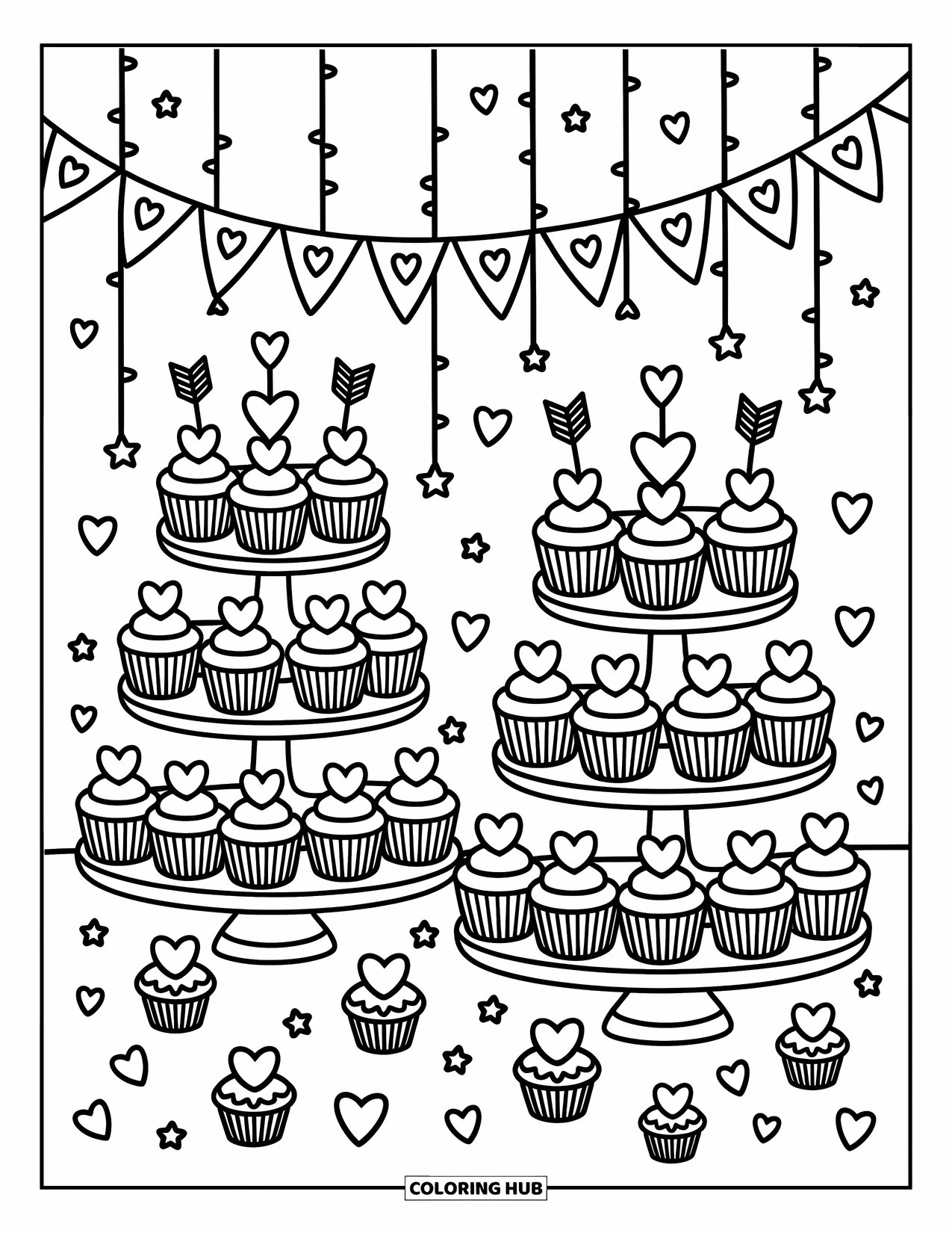 Valentine Heart Coloring Page for Adults: Cupcake stands are piled high with heart-topped treats and cheerful streamers