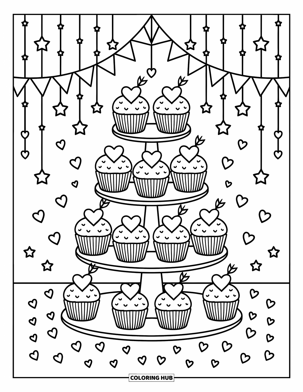 Valentine Heart Coloring Page for Adults: Cupcake towers with heart toppers sit under streamers and falling stars