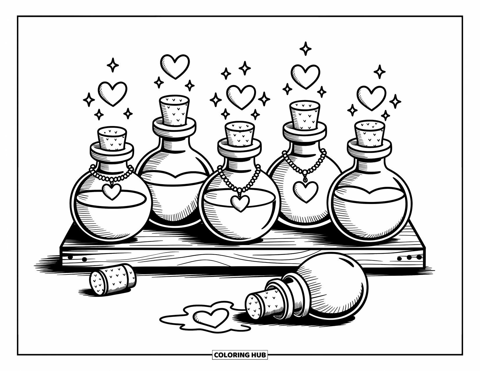 Valentine Heart Coloring Page for Adults: Heart-themed potions fill a shelf with sparkles, corks, and playful spills