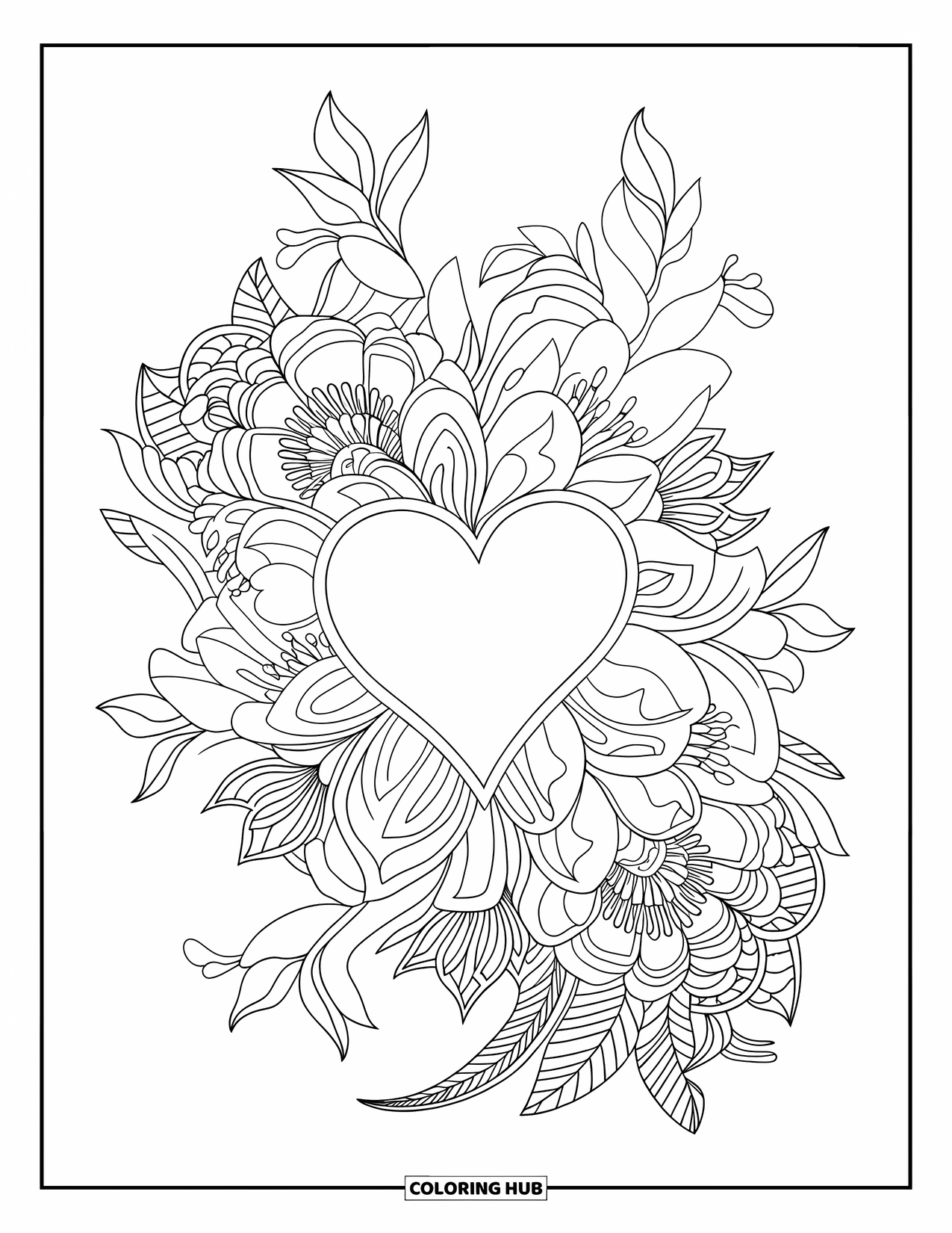 Valentine Heart Coloring Page for Adults: Peonies and lilies swirl around a floating heart in a floral mandala
