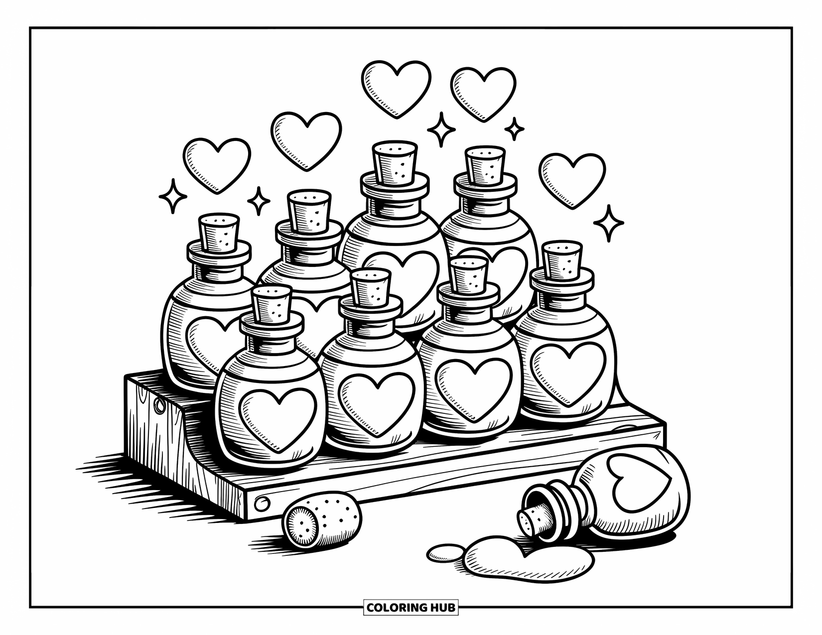 Valentine Heart Coloring Page for Adults: Tiny love potions with heart stoppers sit on a cozy wooden shelf