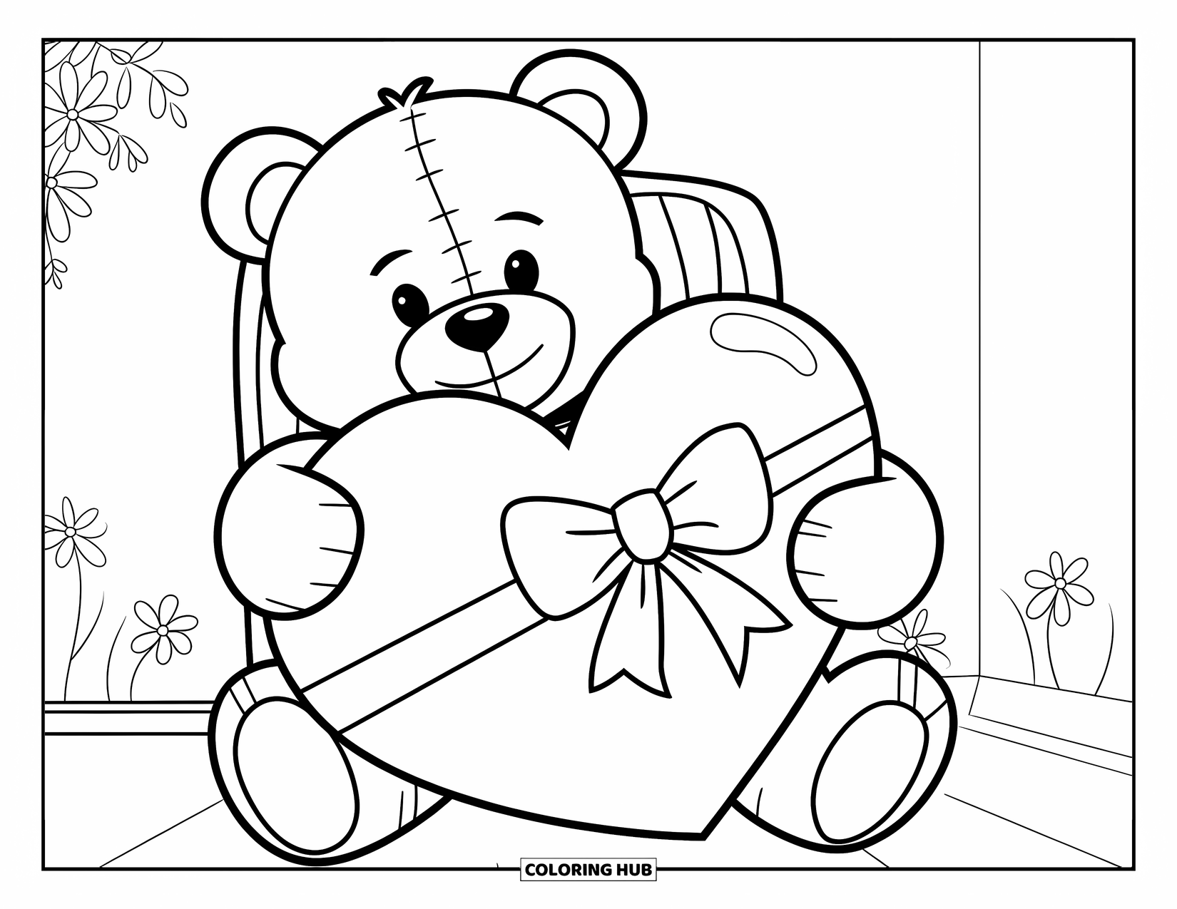 Valentine Heart Coloring Page for Kids: A bear holds a big heart near a wall of flowers
