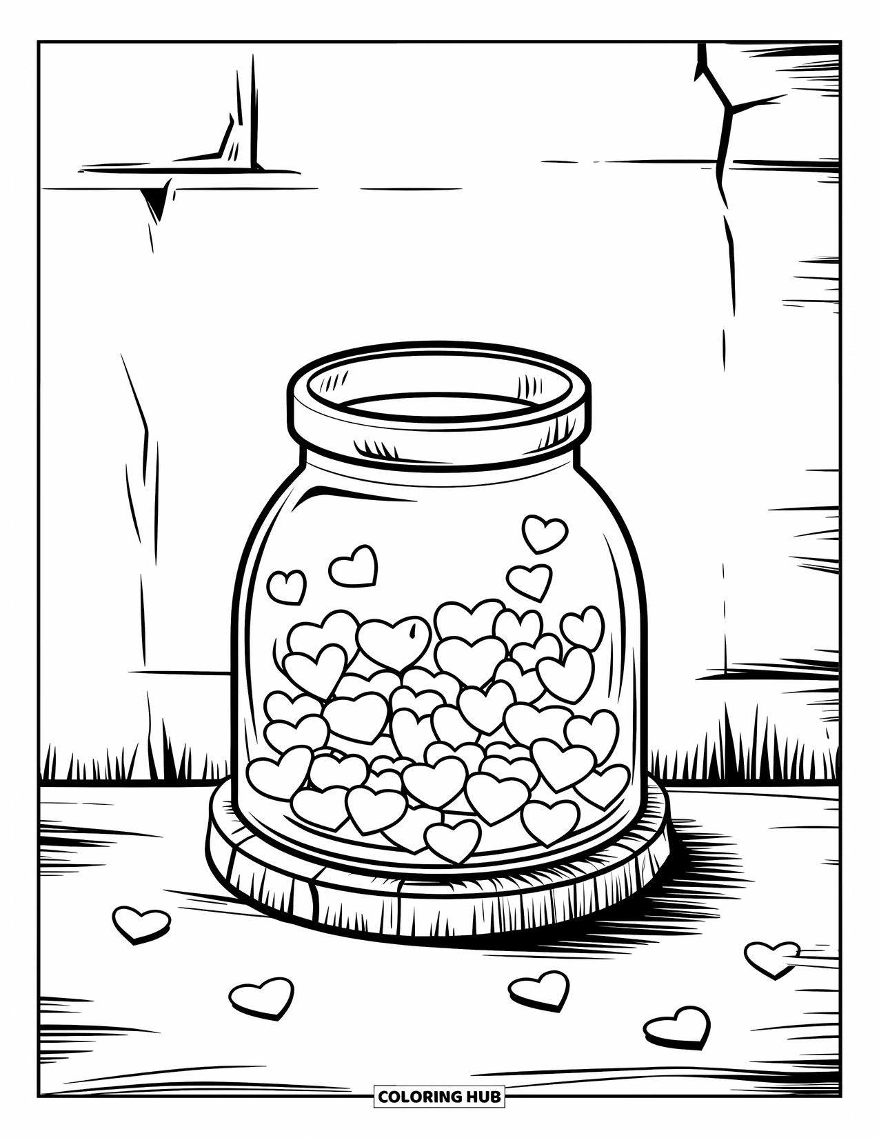 Valentine Heart Coloring Page for Kids: A cracked wall stands behind a jar filled with little hearts