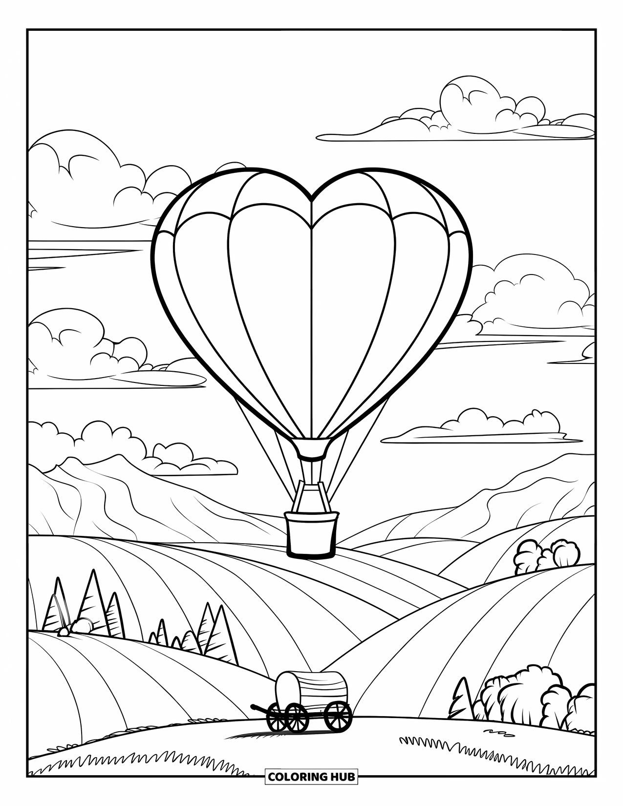 Valentine Heart Coloring Page for Kids: A heart balloon drifts above a grassy field filled with clouds