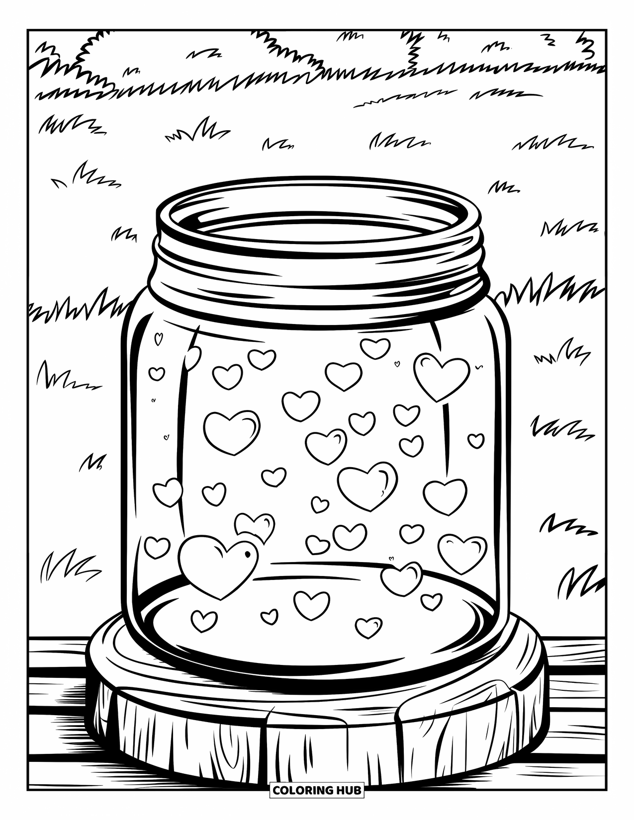 Valentine Heart Coloring Page for Kids: A jar glows with hearts on a wooden base in a field