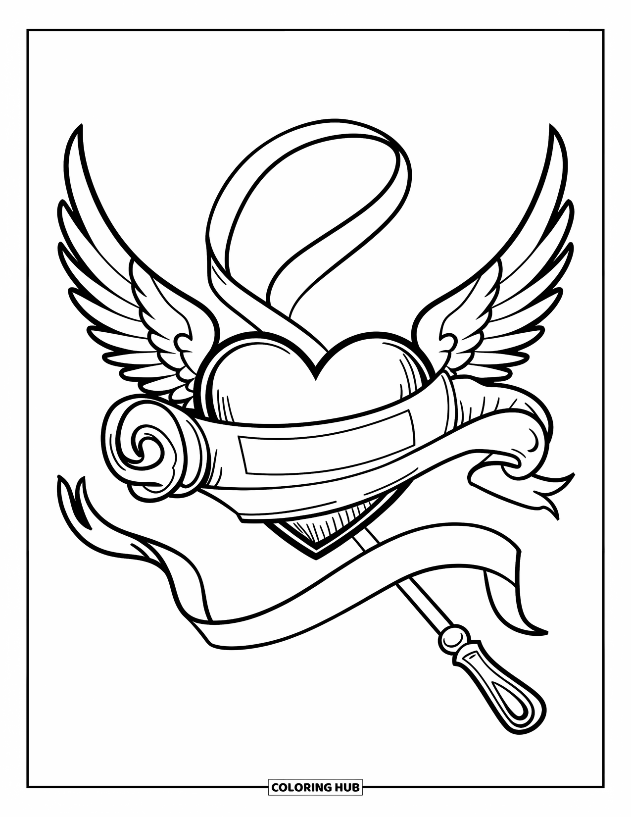 Valentine Heart Coloring Page for Kids: A magical wand holds a winged heart with a scroll