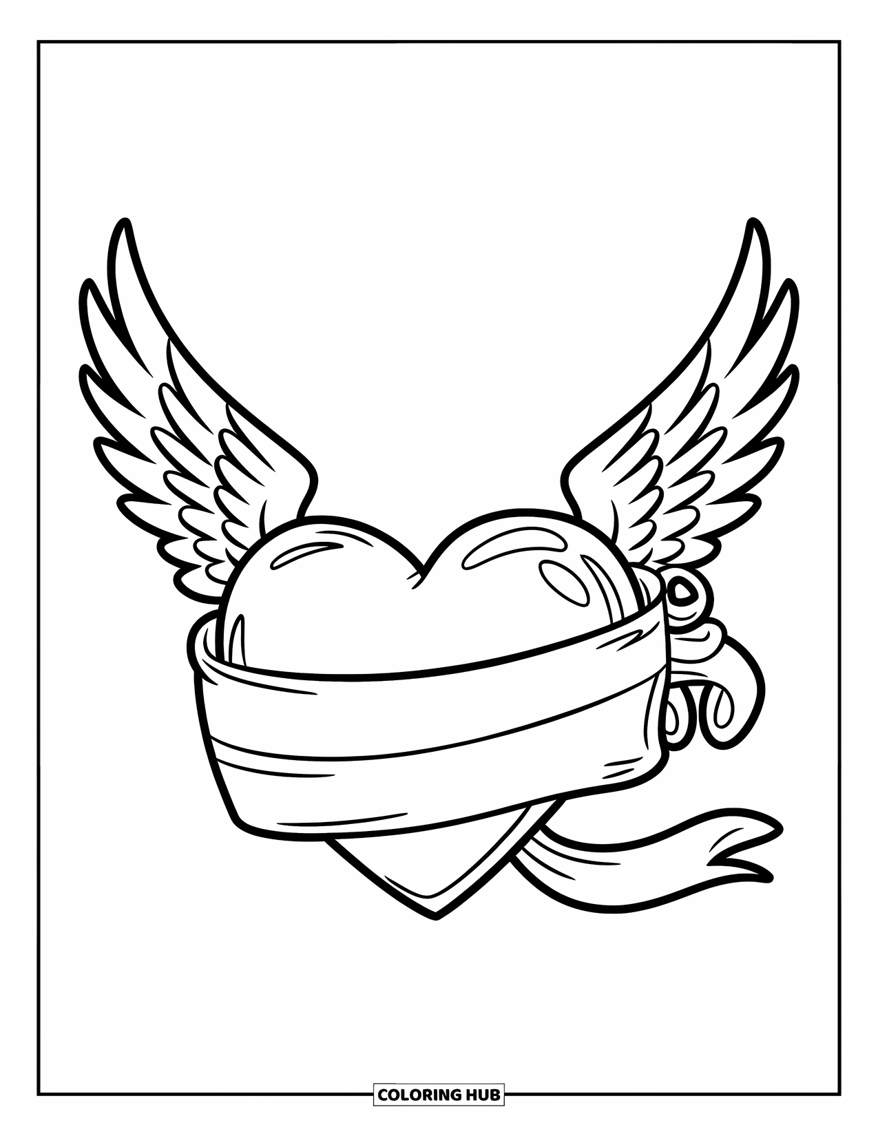 Valentine Heart Coloring Page for Kids: A ribbon ties a scroll to a heart with wings