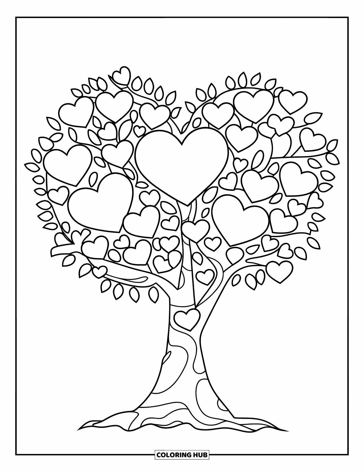 Valentine Heart Coloring Page for Kids: A tree grows hearts like leaves on its branches