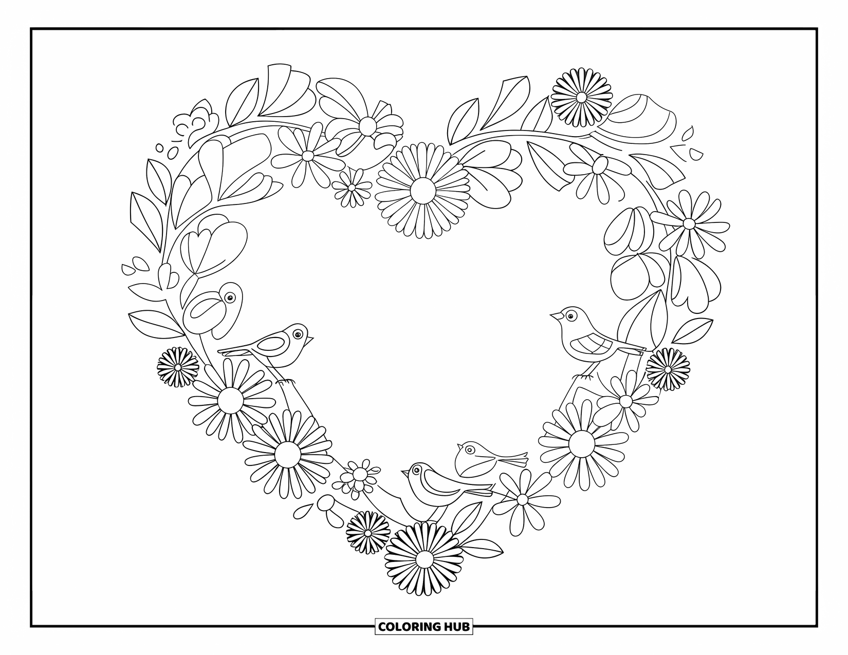 Valentine Heart Coloring Page for Kids: A wreath of flowers and birds is shaped like a heart