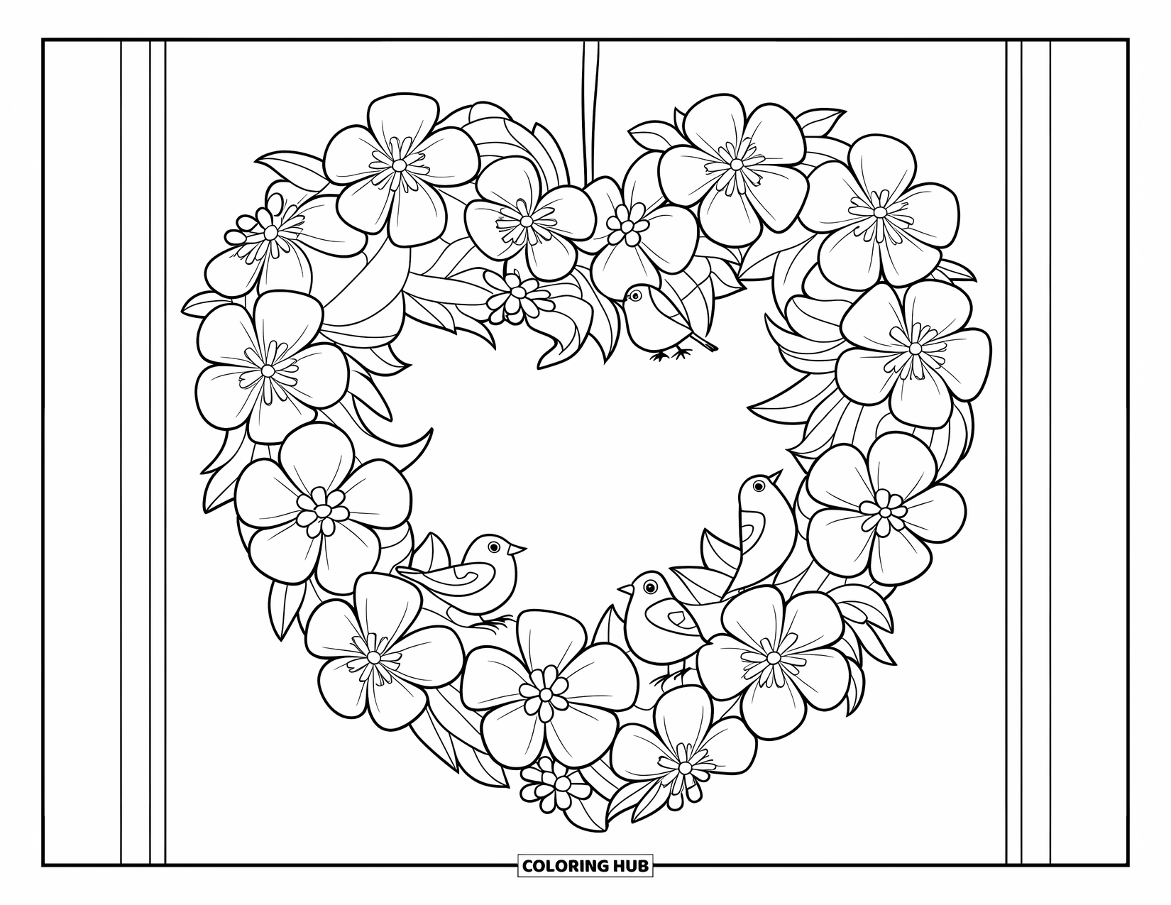 Valentine Heart Coloring Page for Kids: Big-petaled flowers and tiny birds create a lovely heart-shaped wreath