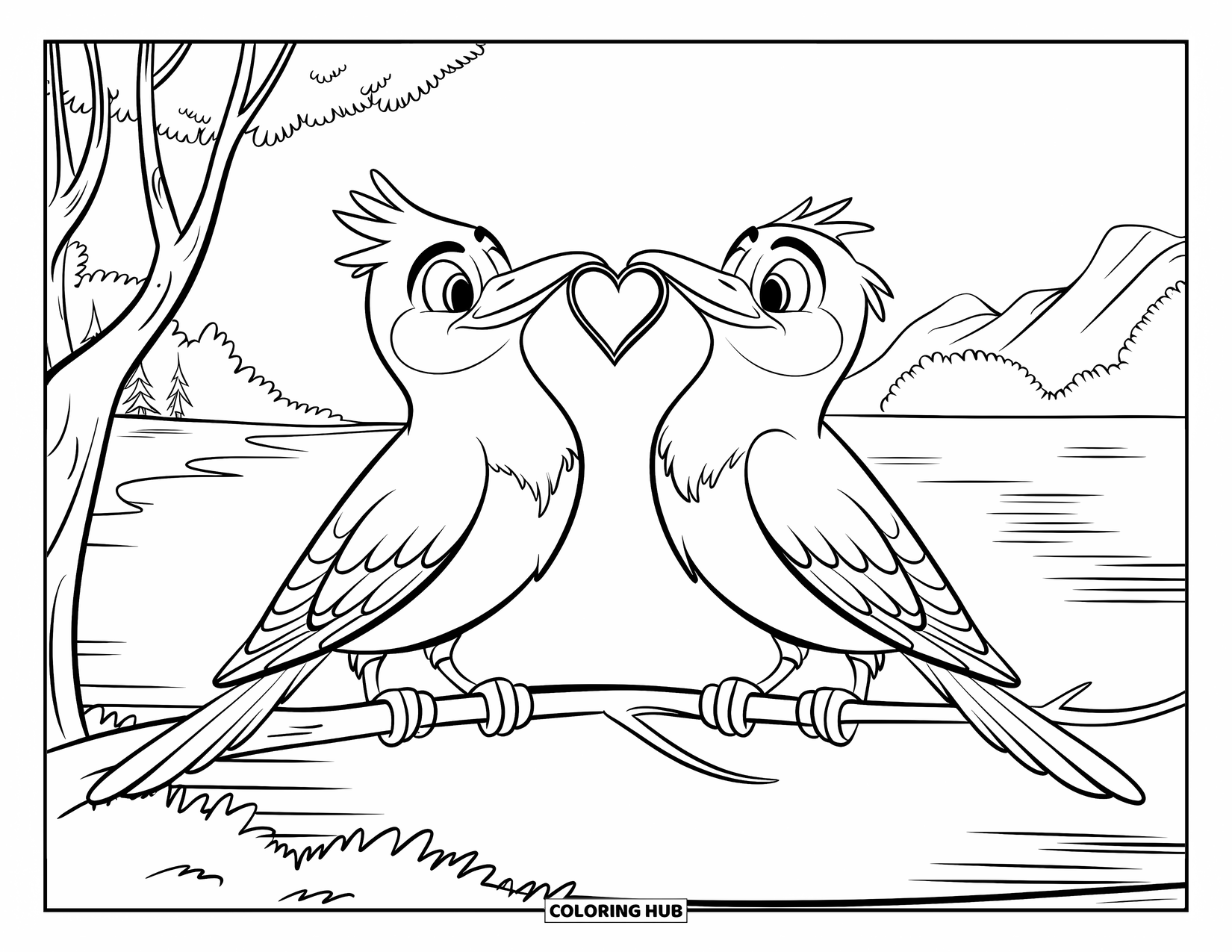 Valentine Heart Coloring Page for Kids: Birds on a branch hold a heart above the water