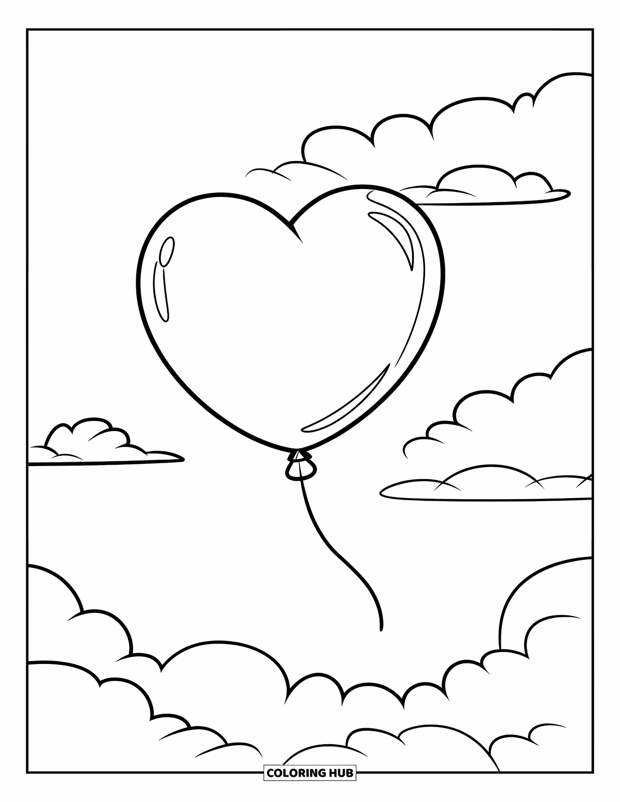 Valentine Heart Coloring Page for Kids: Fluffy clouds surround a floating heart balloon with a simple string