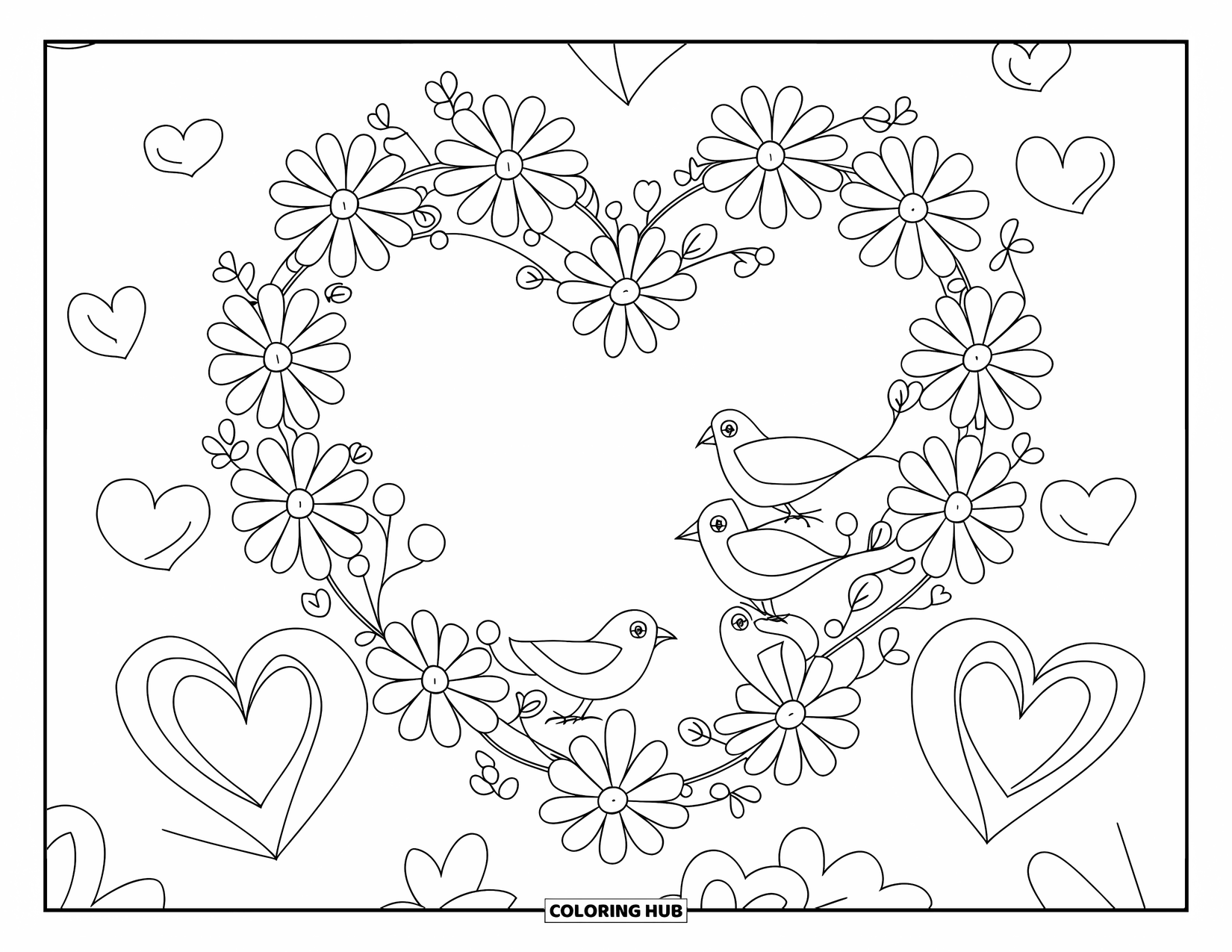 Valentine Heart Coloring Page for Kids: Heart-petaled flowers and birds perch together in a wreath