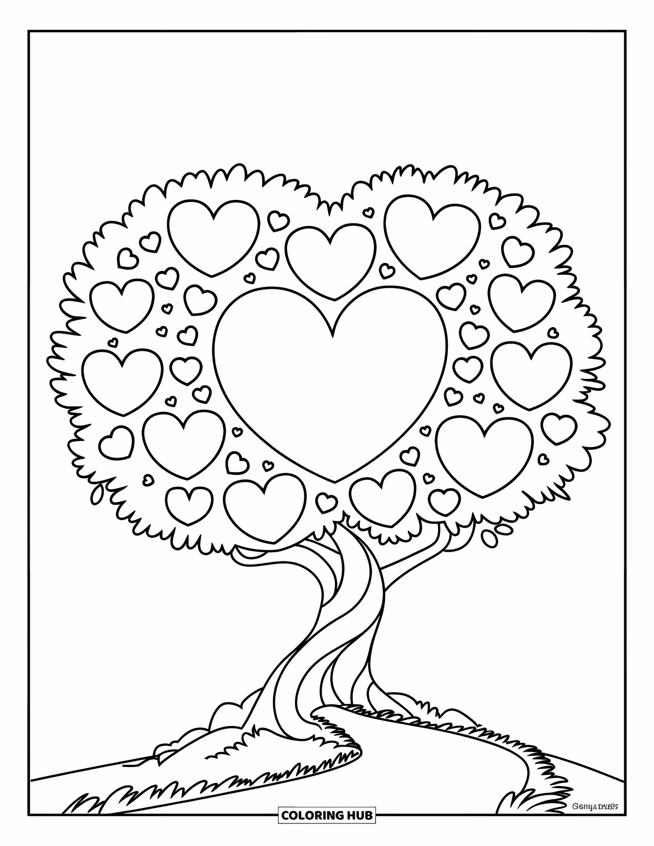Valentine Heart Coloring Page for Kids: Heart-shaped leaves grow on a tree along a winding path