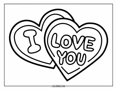 Kolorowanka z sercami walentynkowymi dla dzieci: Serca z napisem "I Love You" połączone razem