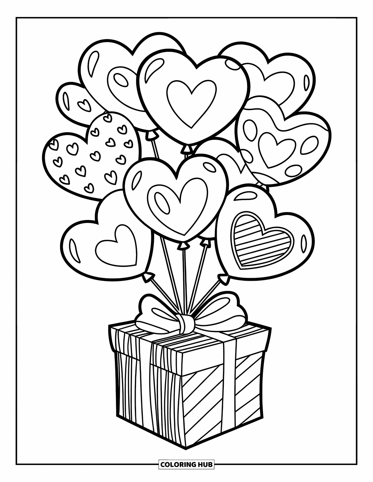Valentine Heart Coloring Page for Kids: Patterned heart balloons are tied to a striped gift box