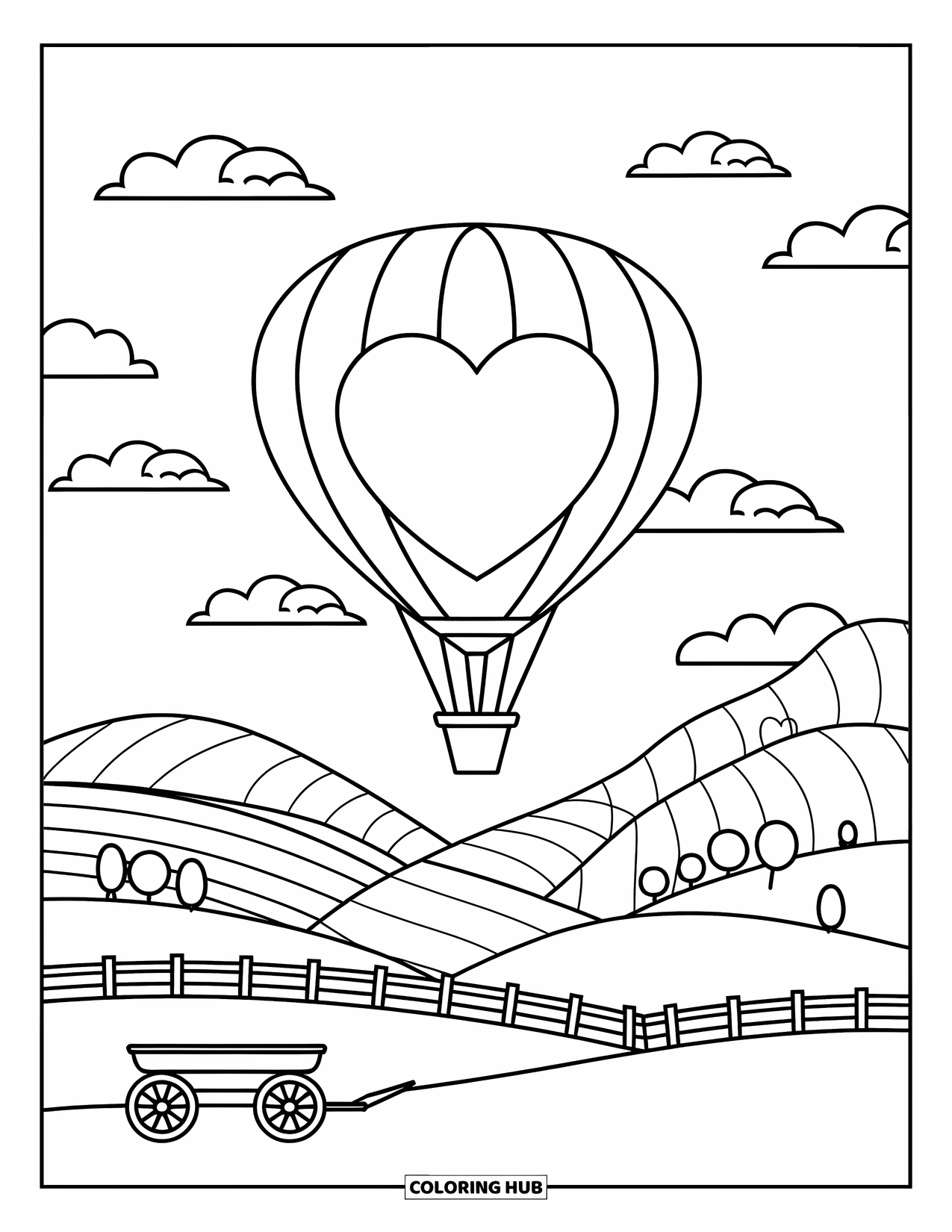 Valentine Heart Coloring Page for Kids: Rolling hills rise beneath a heart balloon tied to a wagon