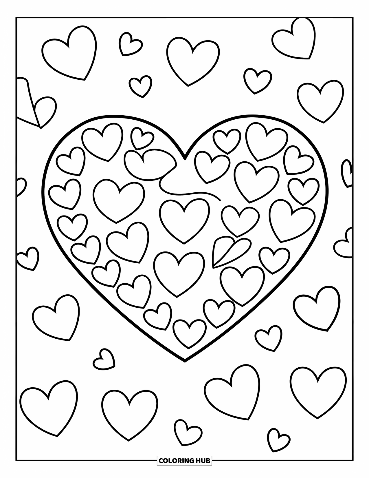 Valentine Heart Coloring Page for Kids: Small hearts swirl around one large heart made of many