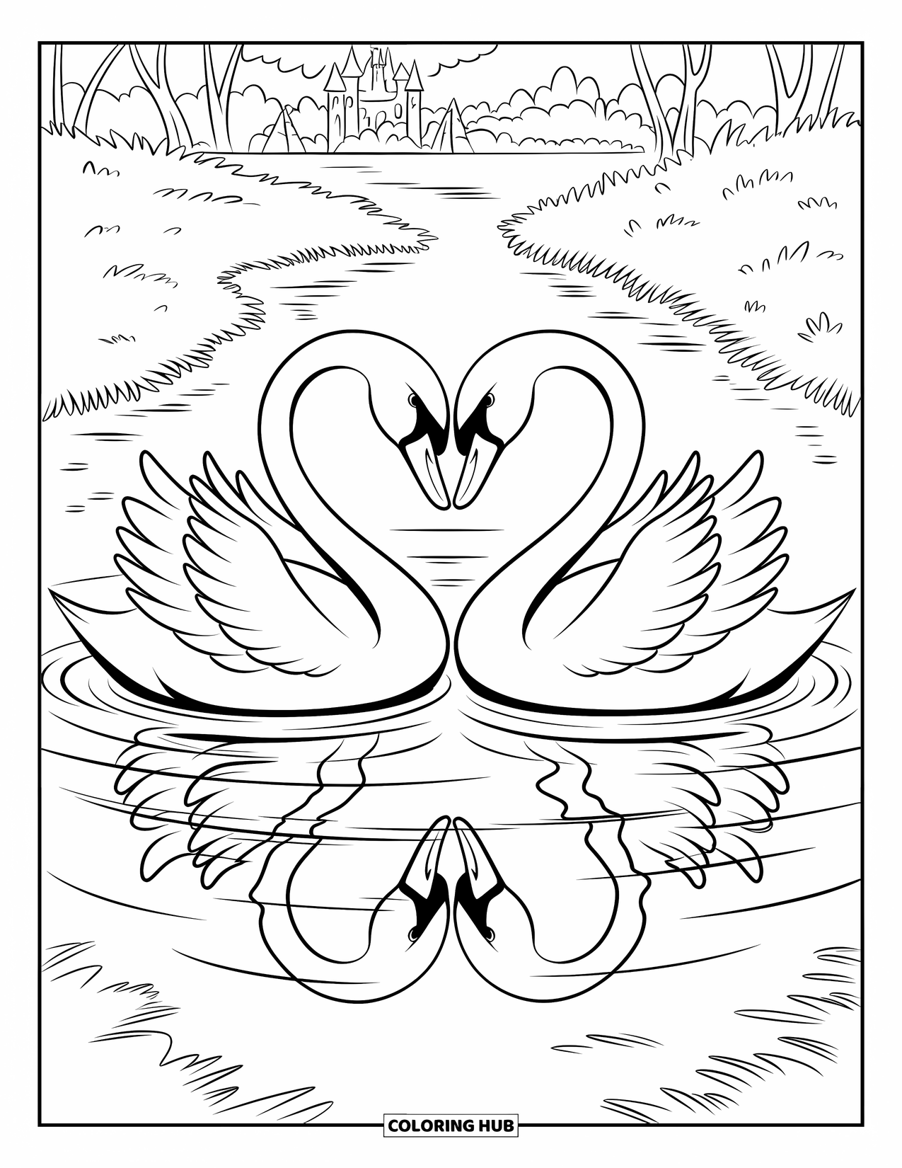 Valentine Heart Coloring Page for Kids: Swans touch necks gently in heart shape beside a castle