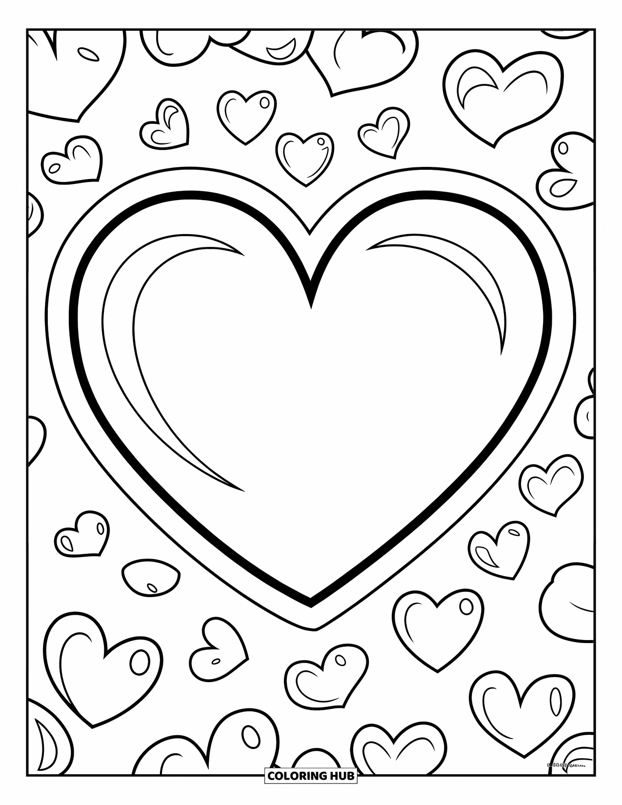 Valentine Heart Coloring Page for Kids: Tiny hearts surround a big cheerful heart