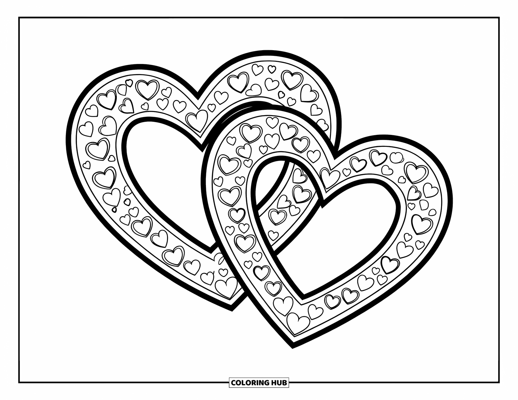 Valentine Heart Coloring Page for Kids: Two bold hearts are filled with tiny heart patterns