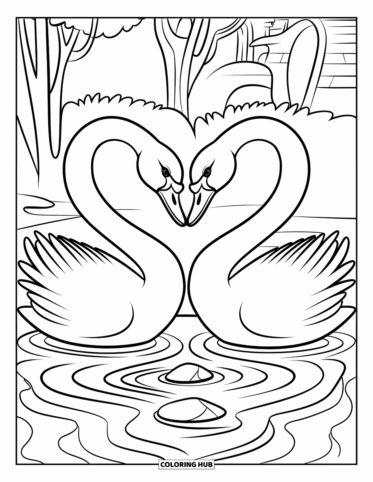 Valentine Heart Coloring Page for Kids: Two swans form a heart shape above rippling water