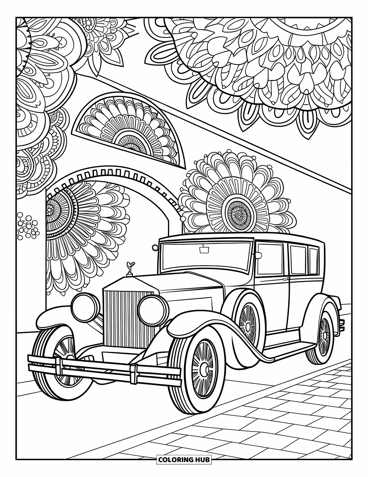 Vehicle Coloring Page for Adults: A 1920s car sits on cobblestones surrounded by floral mandala patterns