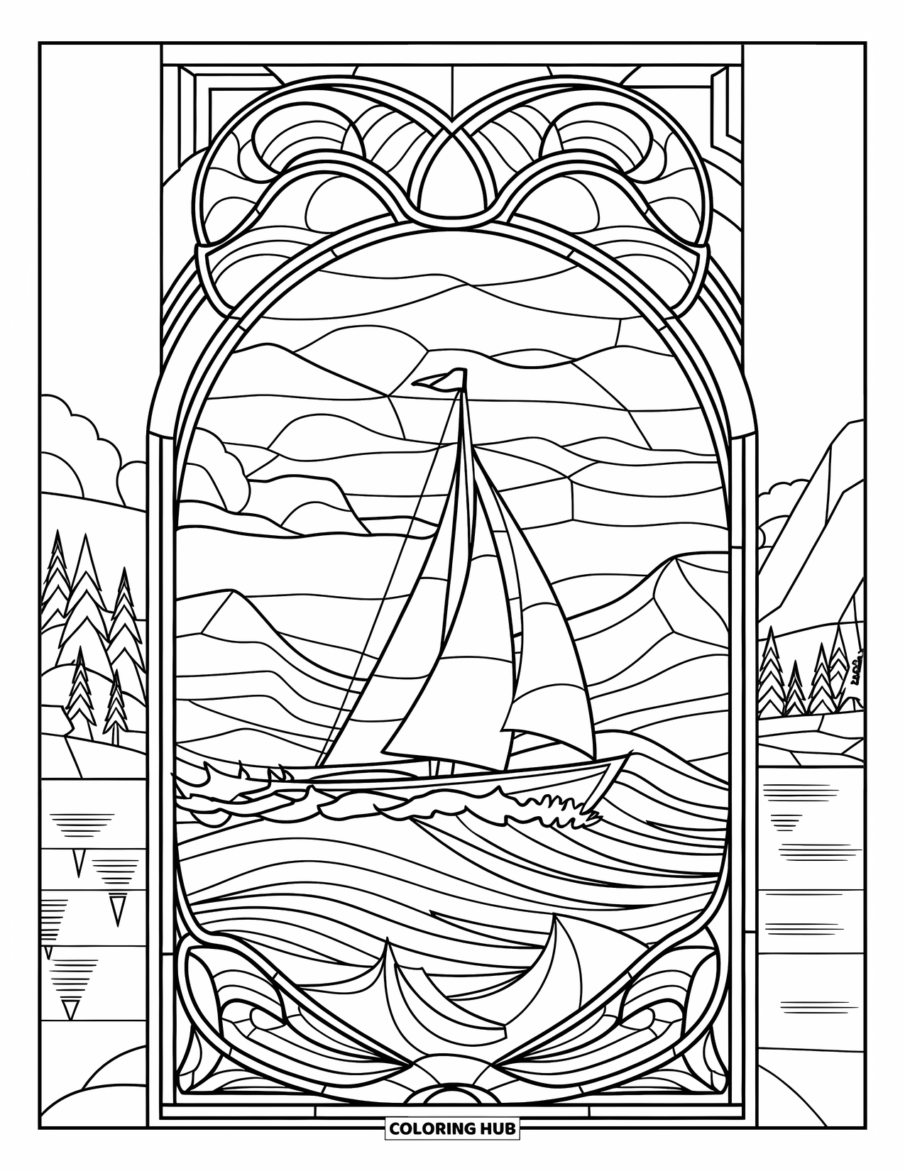 Vehicle Coloring Page for Adults: A boat sails rough seas inside a detailed stained glass frame