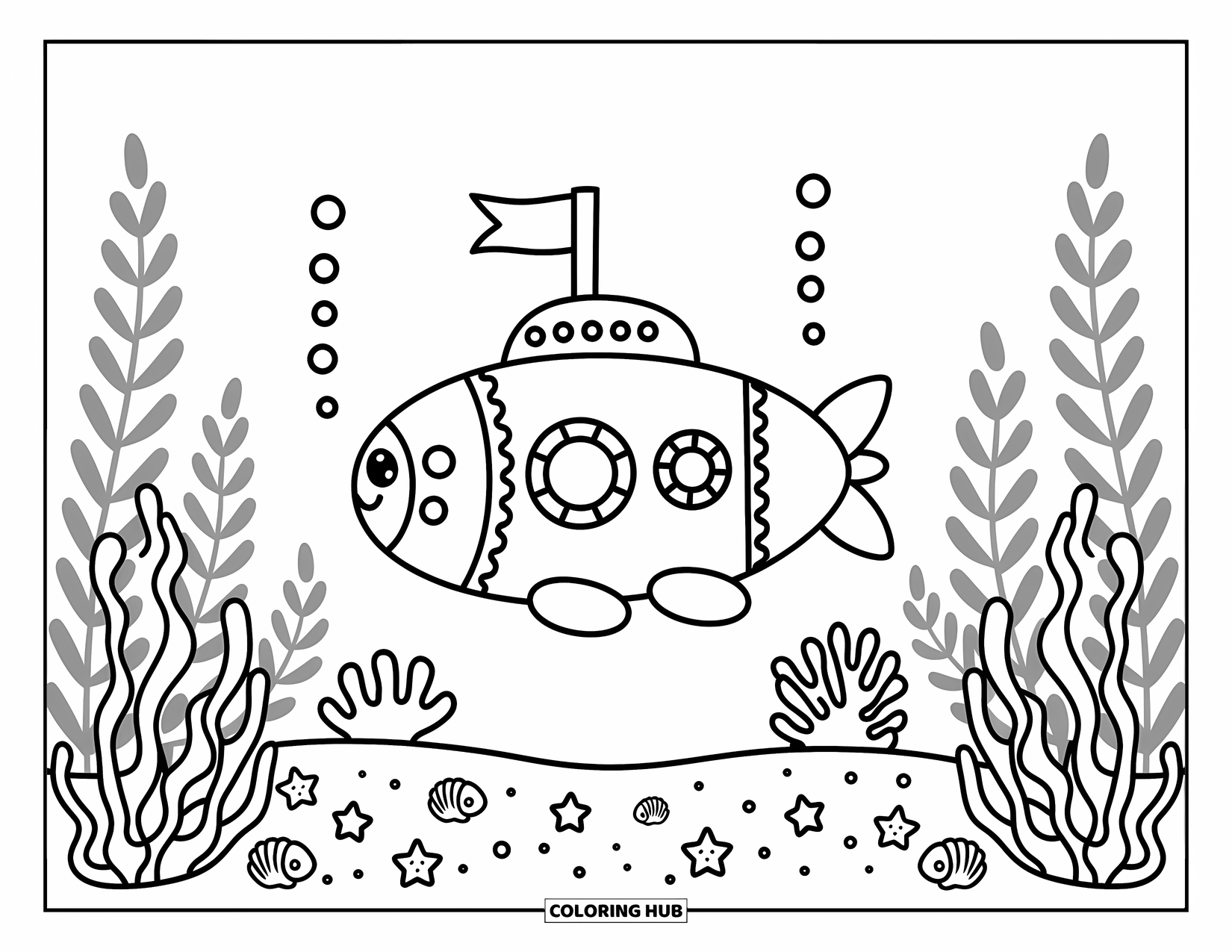 Vehicle Coloring Page for Adults: A cheerful submarine glides through bubbles over a coral-covered ocean floor