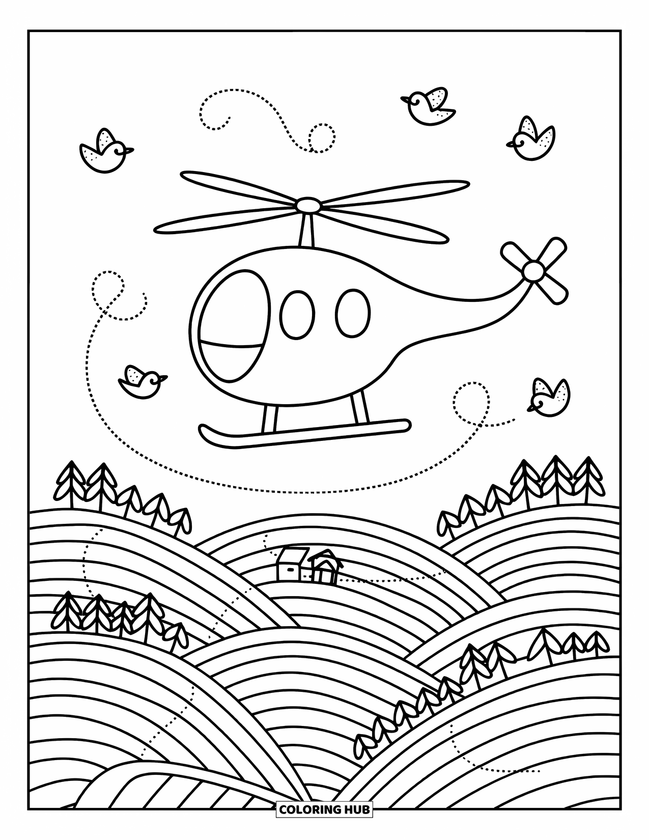 Vehicle Coloring Page for Adults: A chubby helicopter hovers over hills dotted with trees and cottages