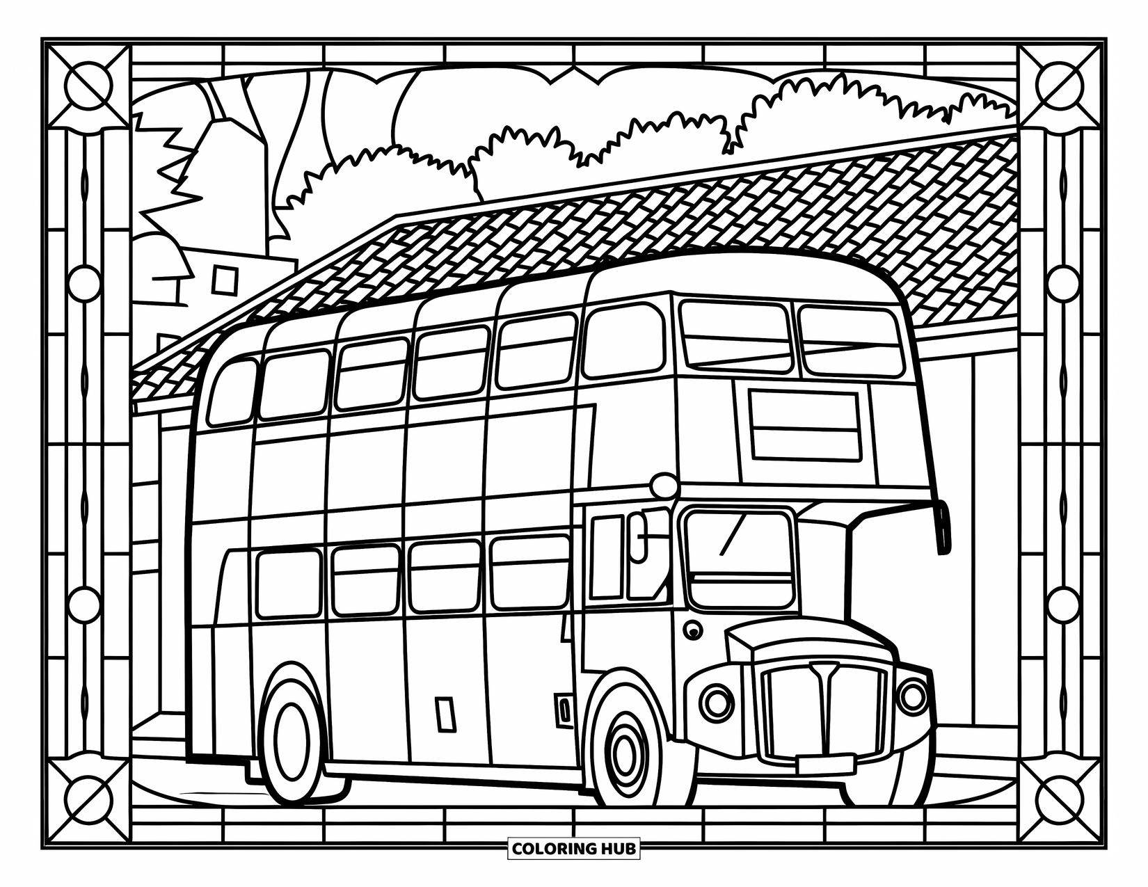 Vehicle Coloring Page for Adults: A city bus is parked near trees, framed by decorative stained glass borders