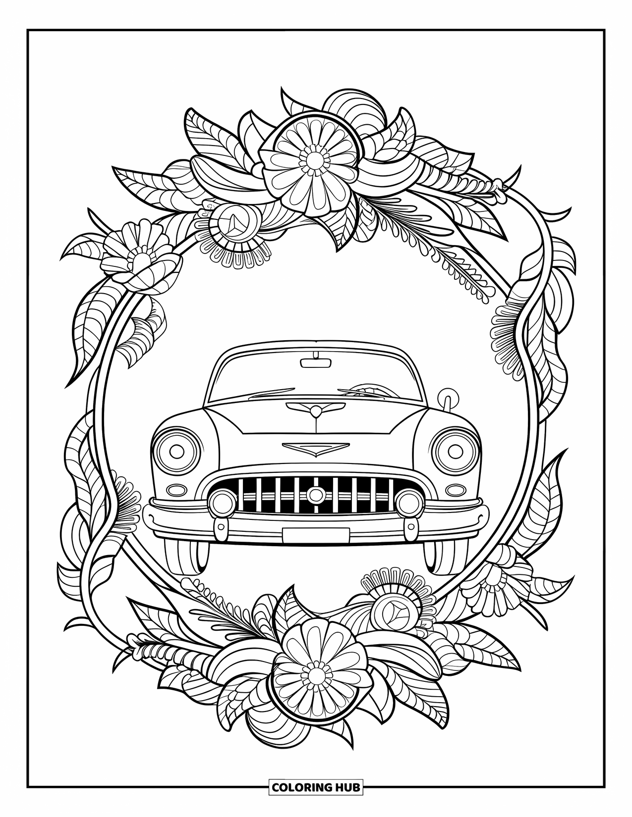 Vehicle Coloring Page for Adults: A classic car faces forward, framed by a floral mandala of vines