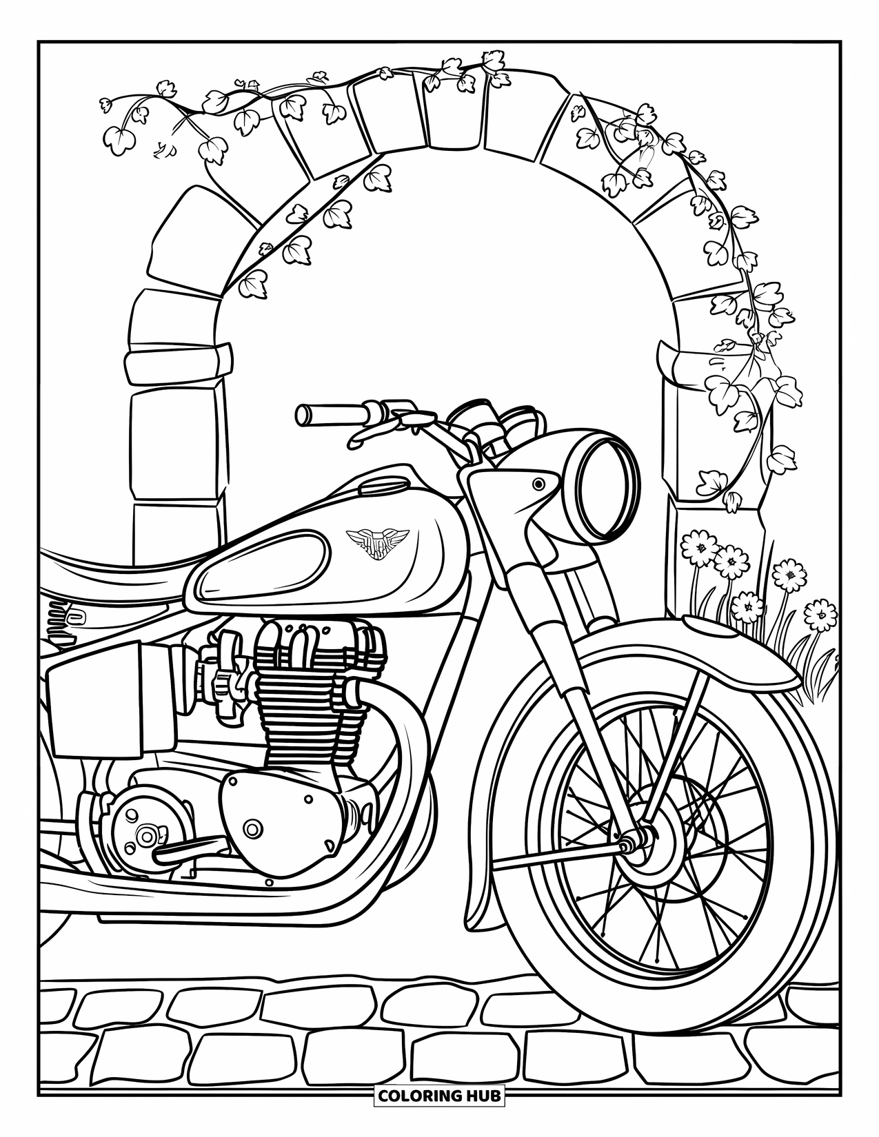 Vehicle Coloring Page for Adults: A classic motorcycle rests by a stone arch with ivy and flowers