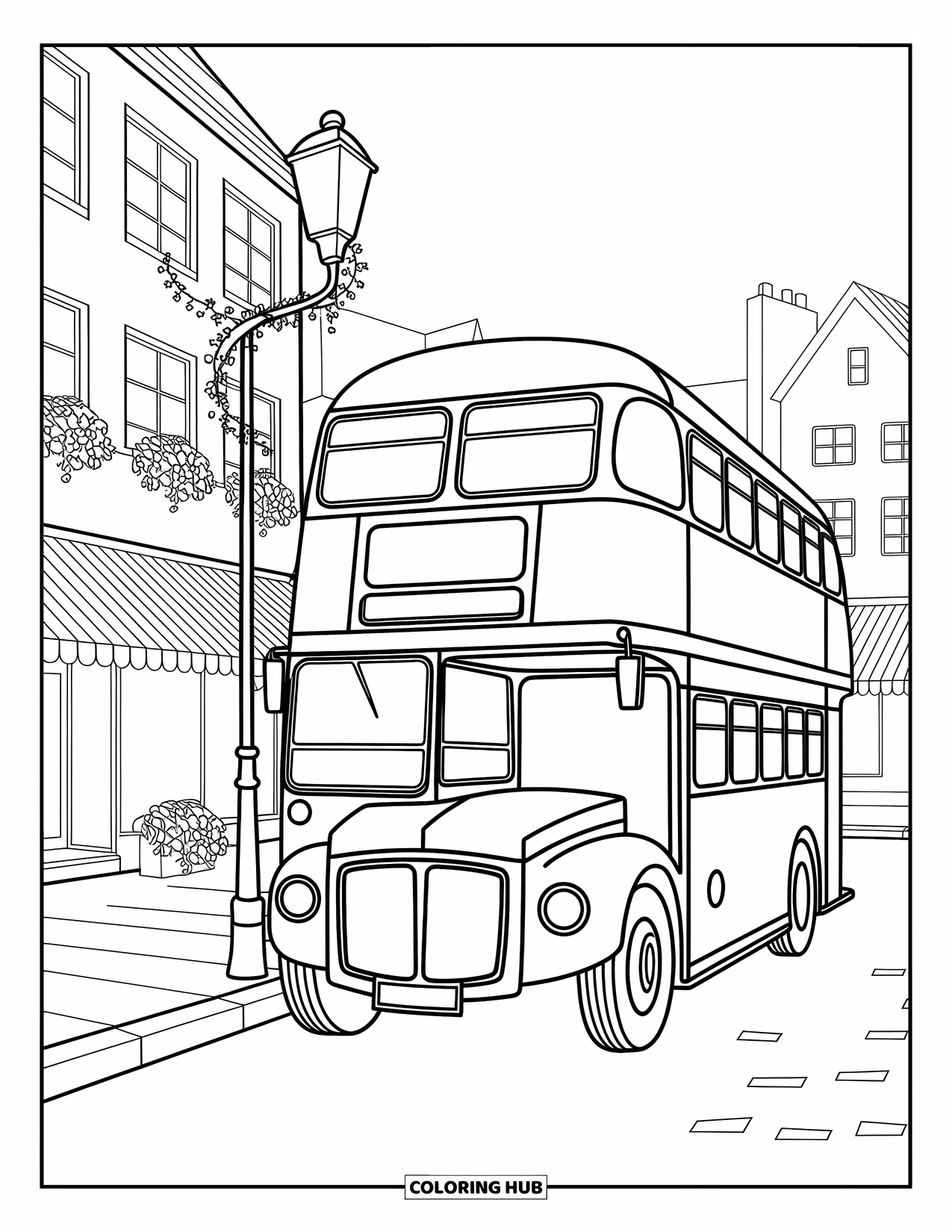 Vehicle Coloring Page for Adults: A cozy bus pauses by boutiques and flowerpots in a quiet square