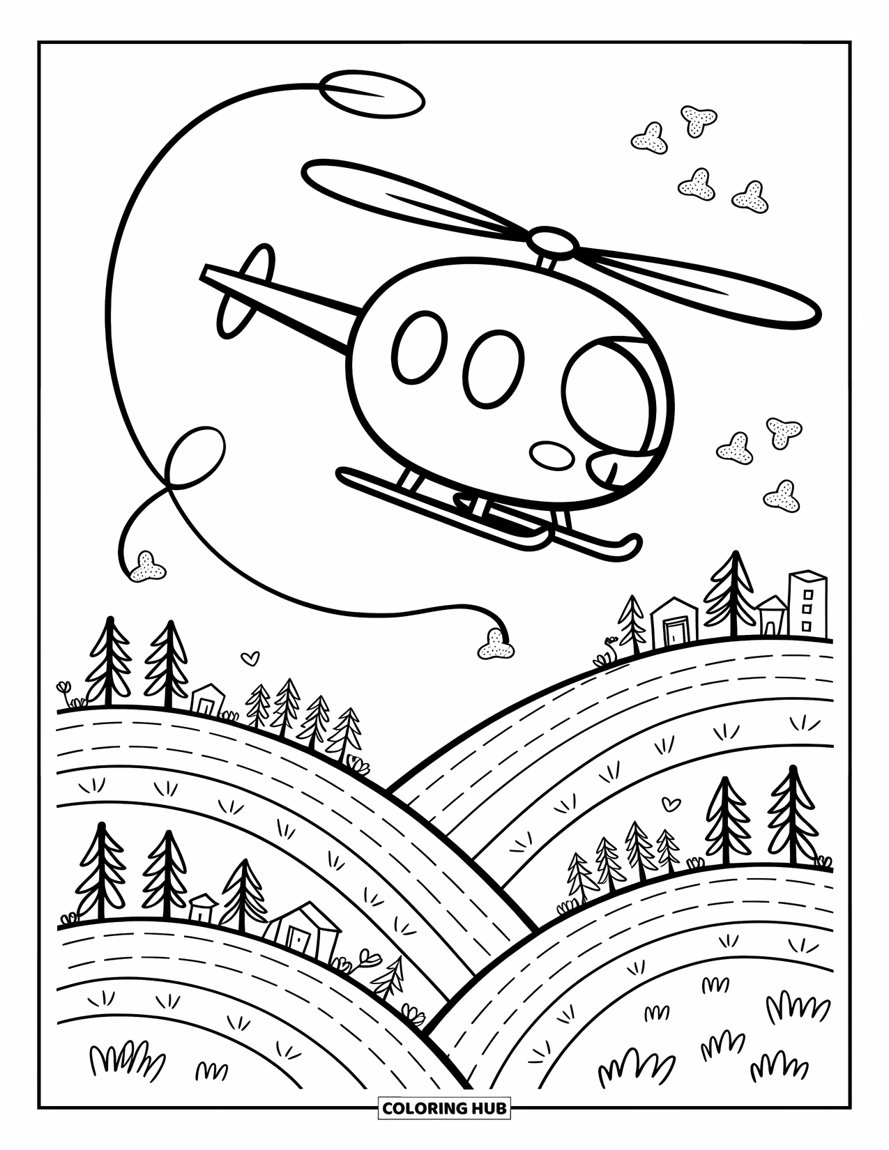 Vehicle Coloring Page for Adults: A cute helicopter floats above hills, houses, and fluttering birds