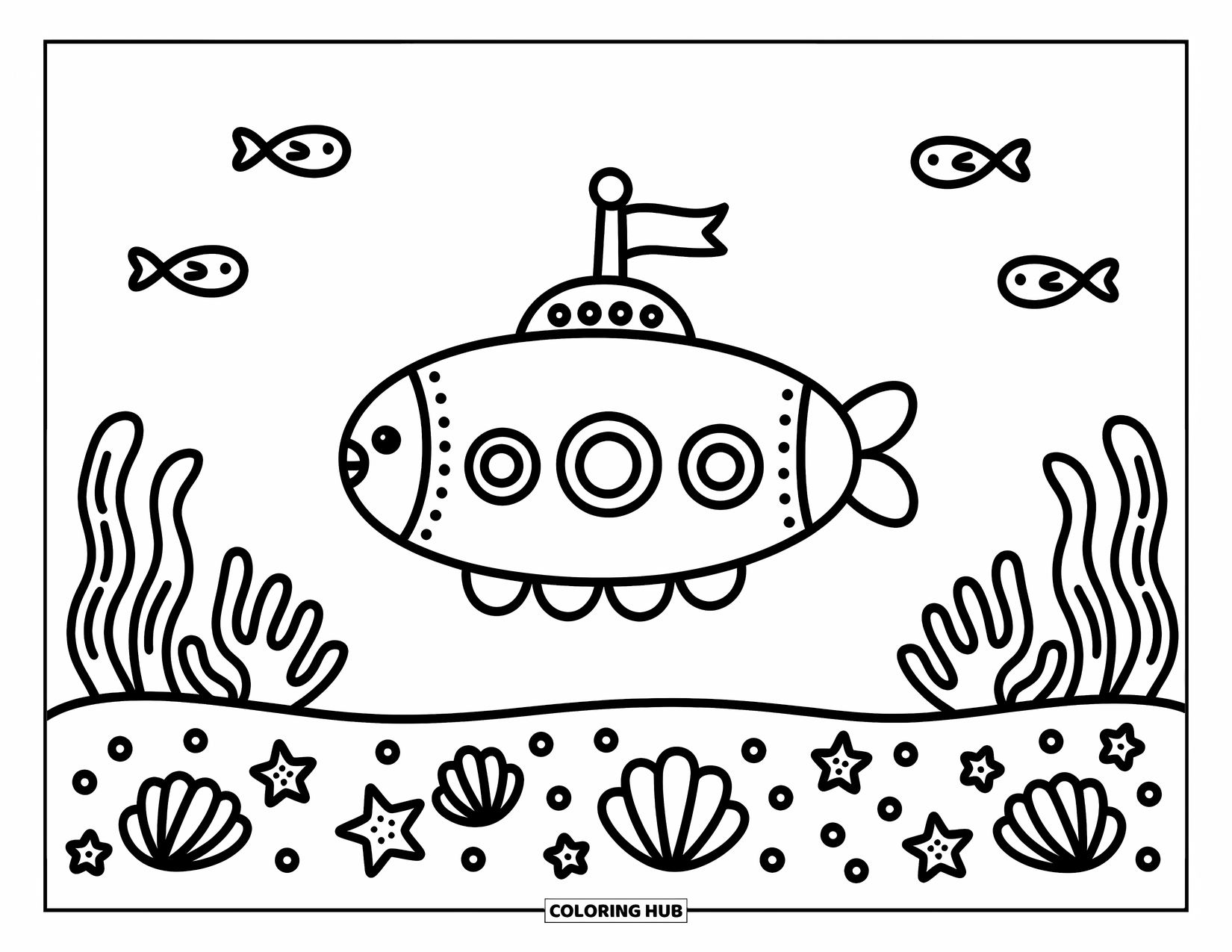 Vehicle Coloring Page for Adults: A little submarine cruises past seashells, starfish, and swimming fish