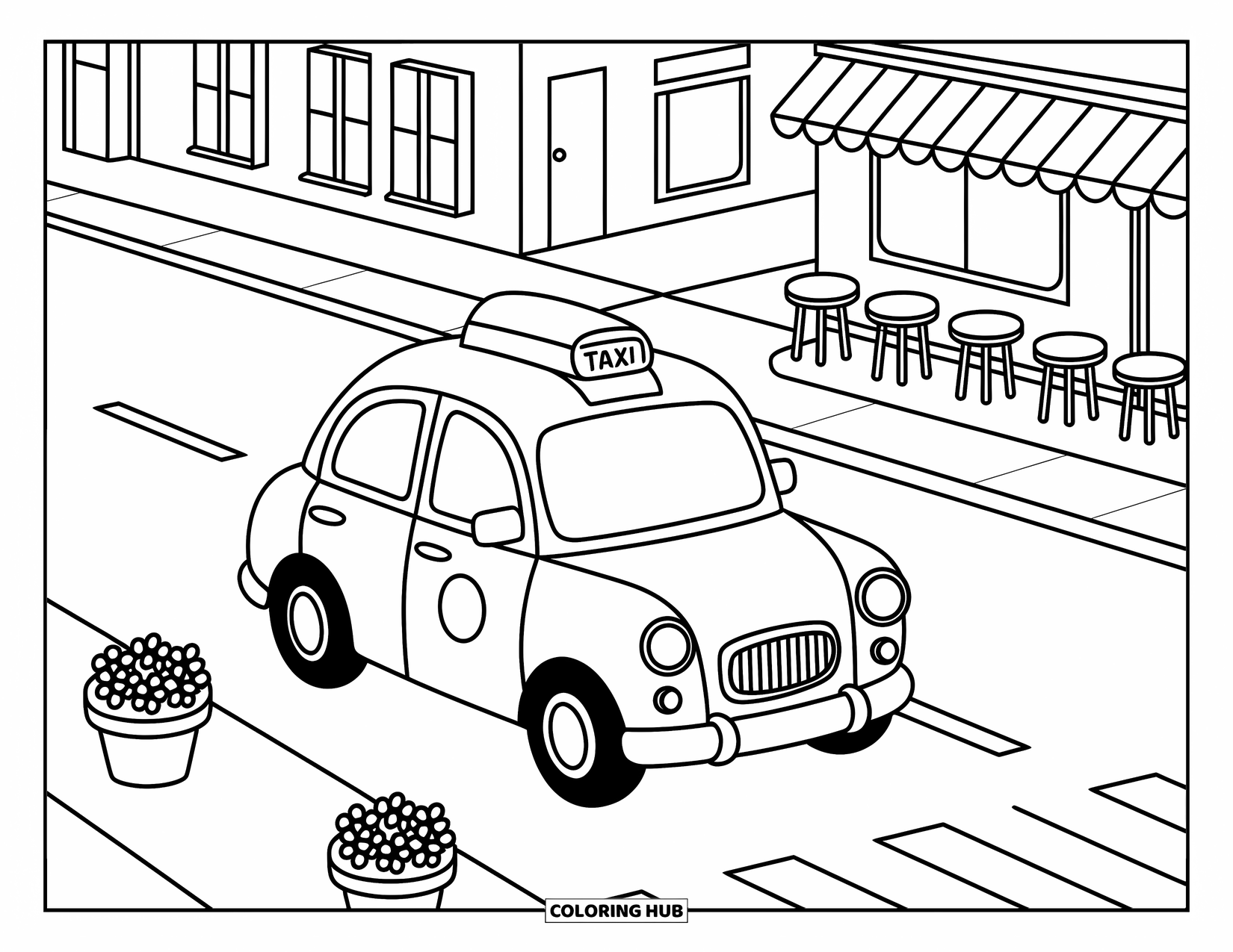 Vehicle Coloring Page for Adults: A little taxi cruises through a soft-edged town with cozy details