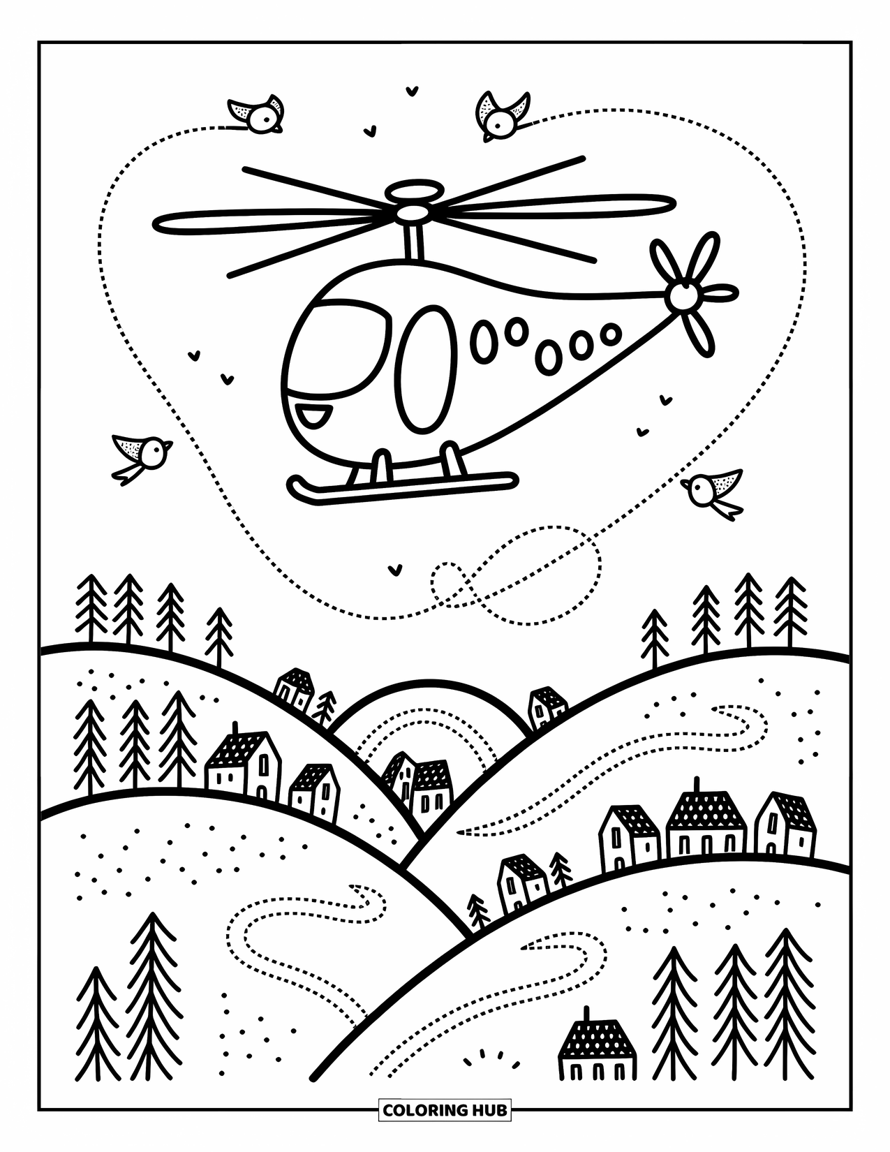 Vehicle Coloring Page for Adults: A playful helicopter glides past rolling hills and cozy little homes