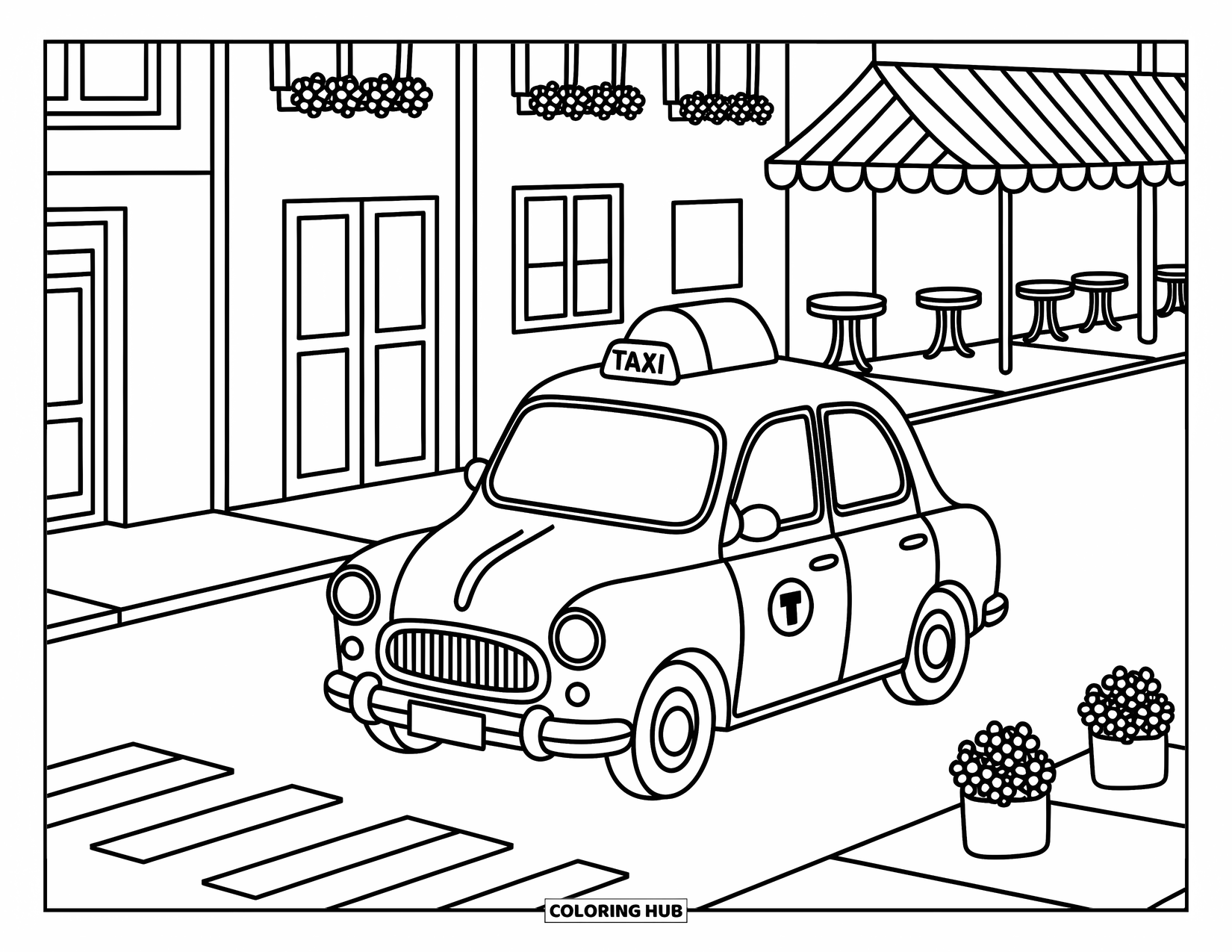 Vehicle Coloring Page for Adults: A rounded taxi drives down a peaceful street with shops and flowers