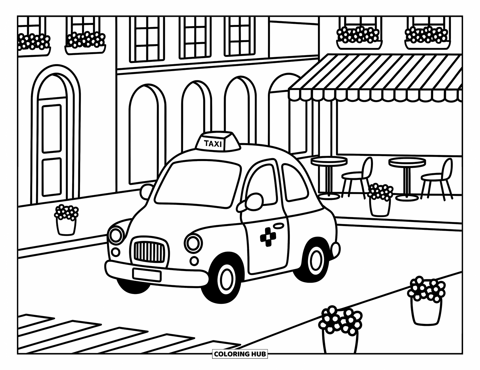 Vehicle Coloring Page for Adults: A small taxi glides past cozy cafes and flower planters
