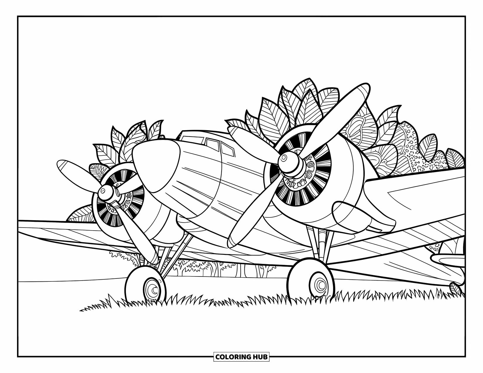 Vehicle Coloring Page for Adults: A vintage airplane with propellers sits quietly among delicate leafy patterns