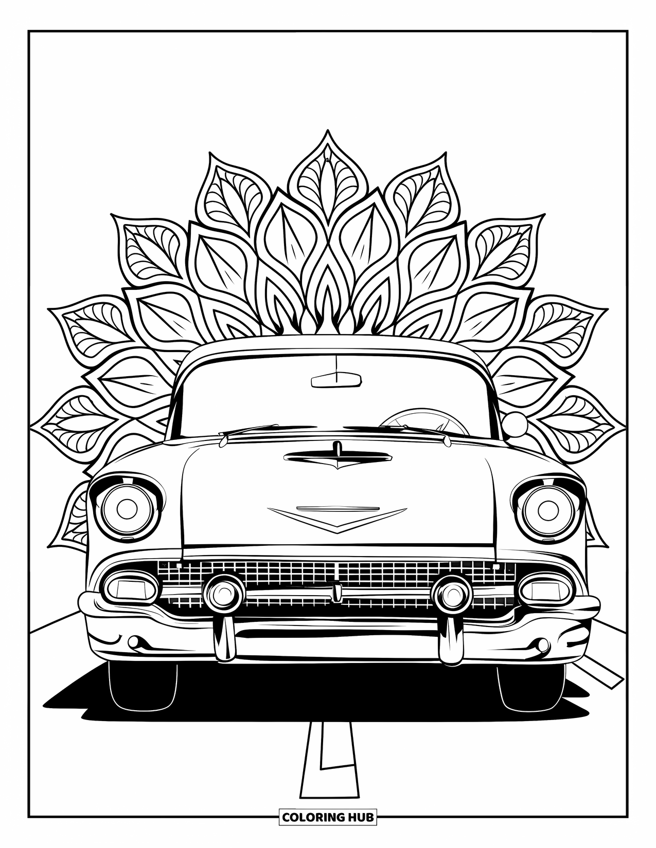 Vehicle Coloring Page for Adults: A vintage car is shown from the front with a floral mandala behind