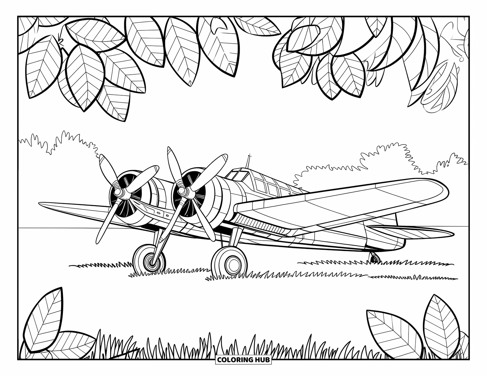 Vehicle Coloring Page for Adults: An antique airplane rests in a field surrounded by detailed leaves and trees