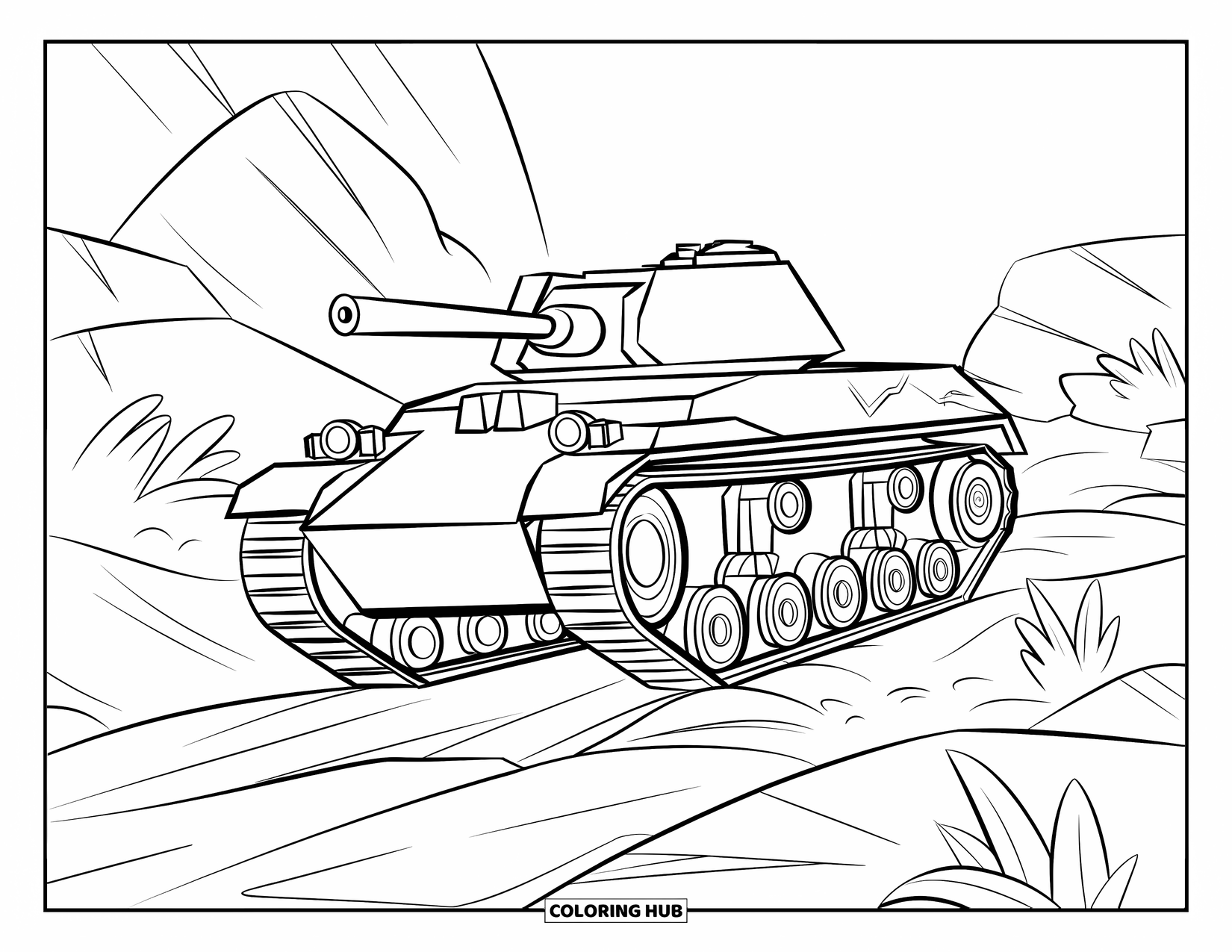 Vehicle Coloring Page for Kids: A bold tank climbs rough terrain surrounded by rocks and greenery