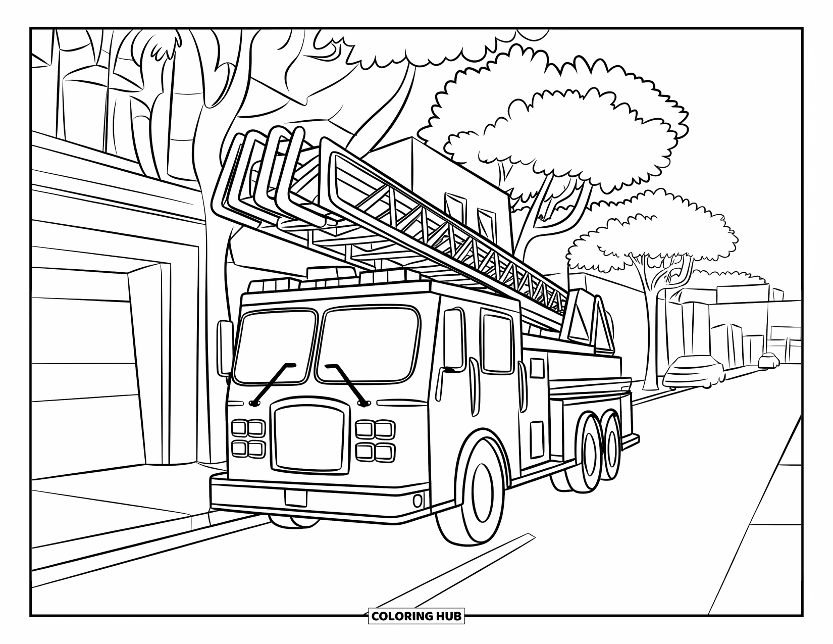 Vehicle Coloring Page for Kids: A bright fire truck leans its ladder on a building near trees