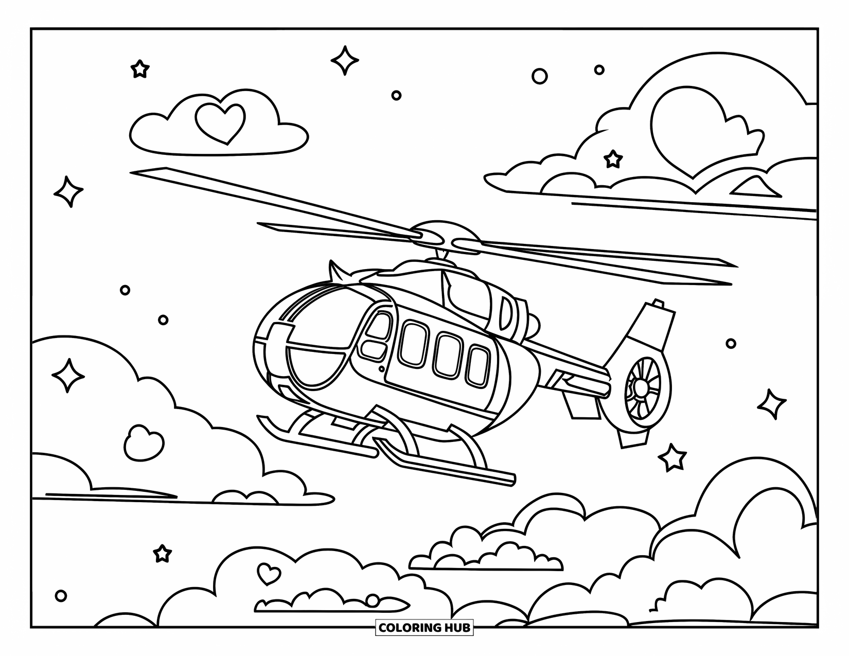 Vehicle Coloring Page for Kids: A chopper with stars and hearts flies above puffy clouds